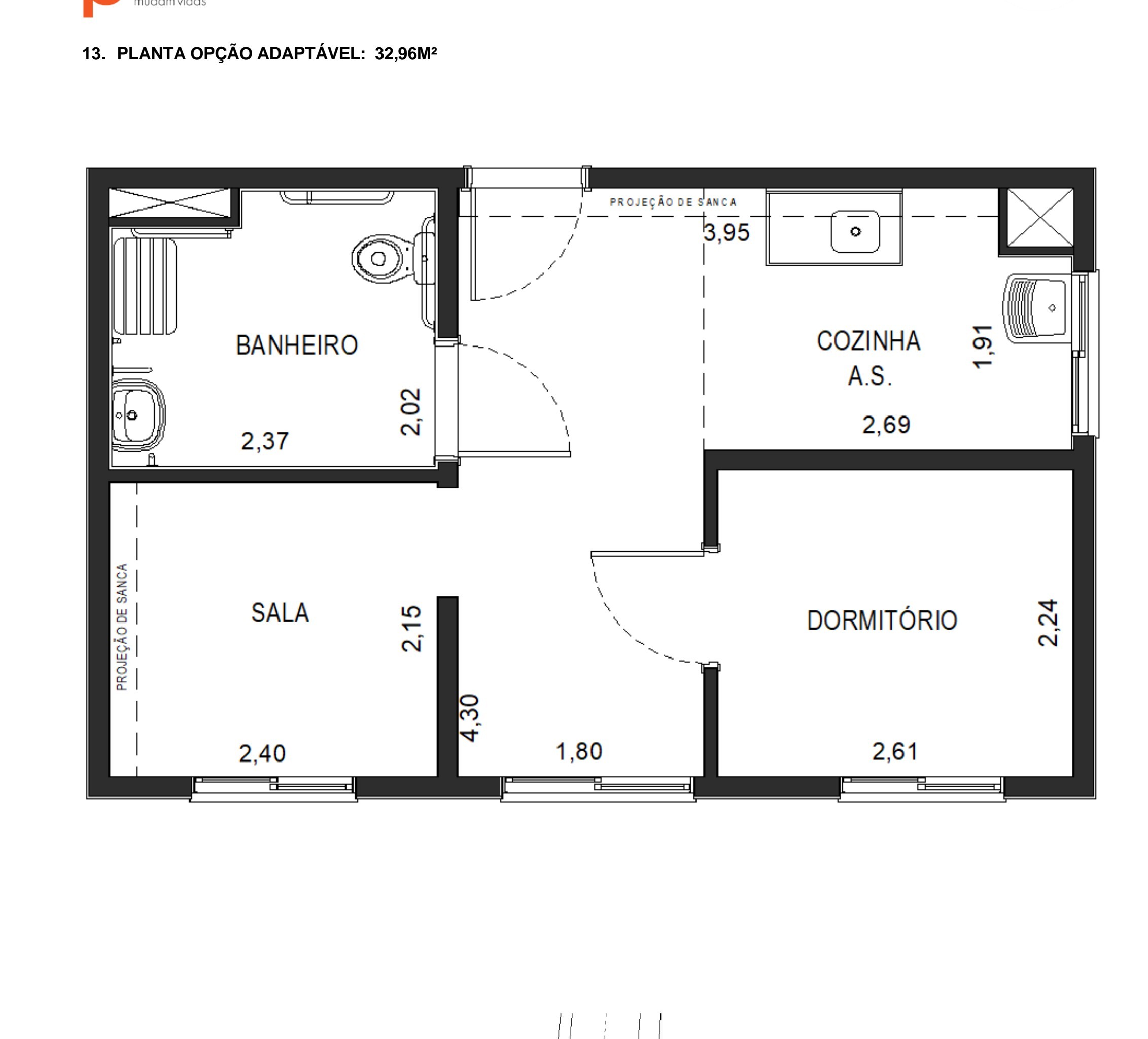 Planta de 32,96 m² do Via Cocá