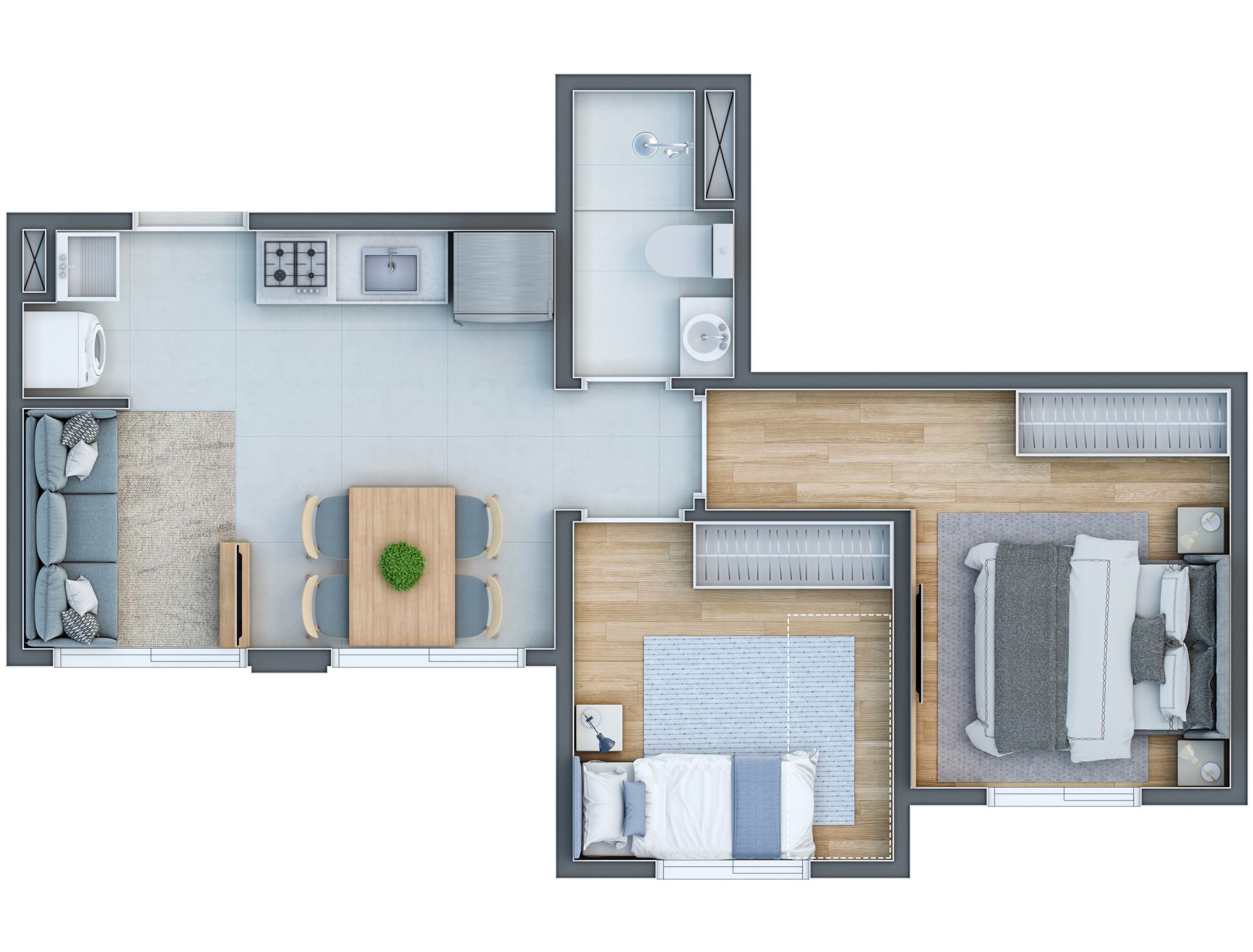 Planta de 35,23 m² — 2 dormitórios (torres 1–2) do Infinity Home Club