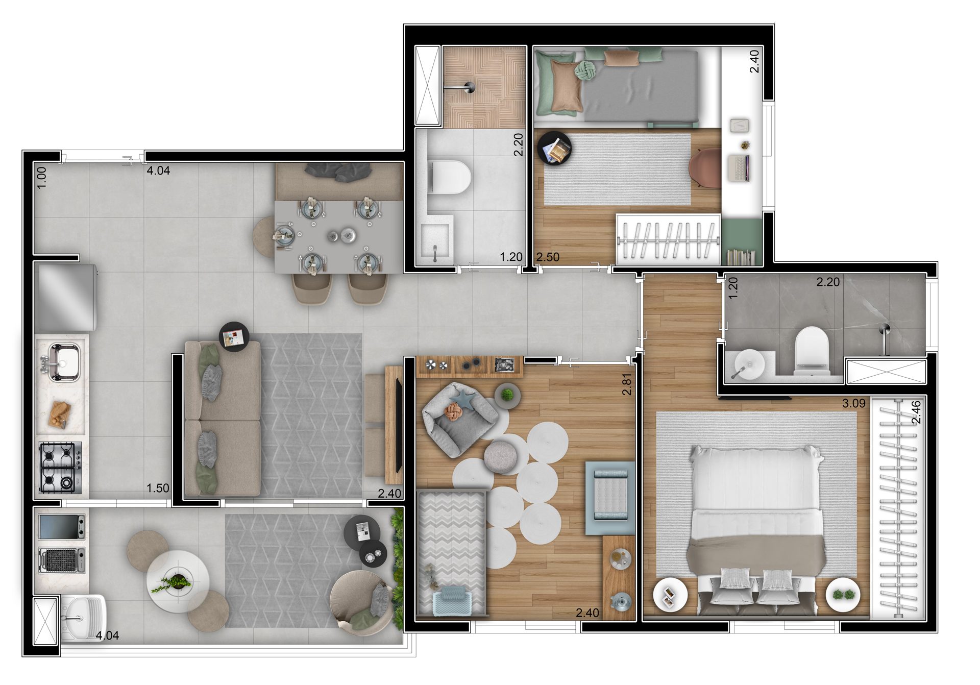 Planta de 56,09 m² — 3 dorms com suíte do Maxim Home Club