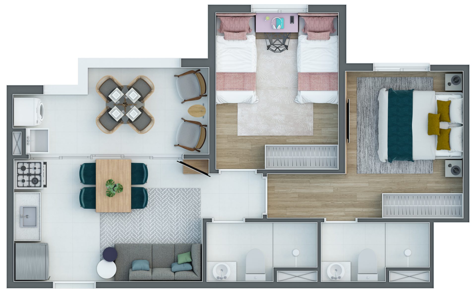 Planta de 44,26 m² — 2 dorms com suíte e terraço gourmet (torres 4–7) do Enjoy Home Club