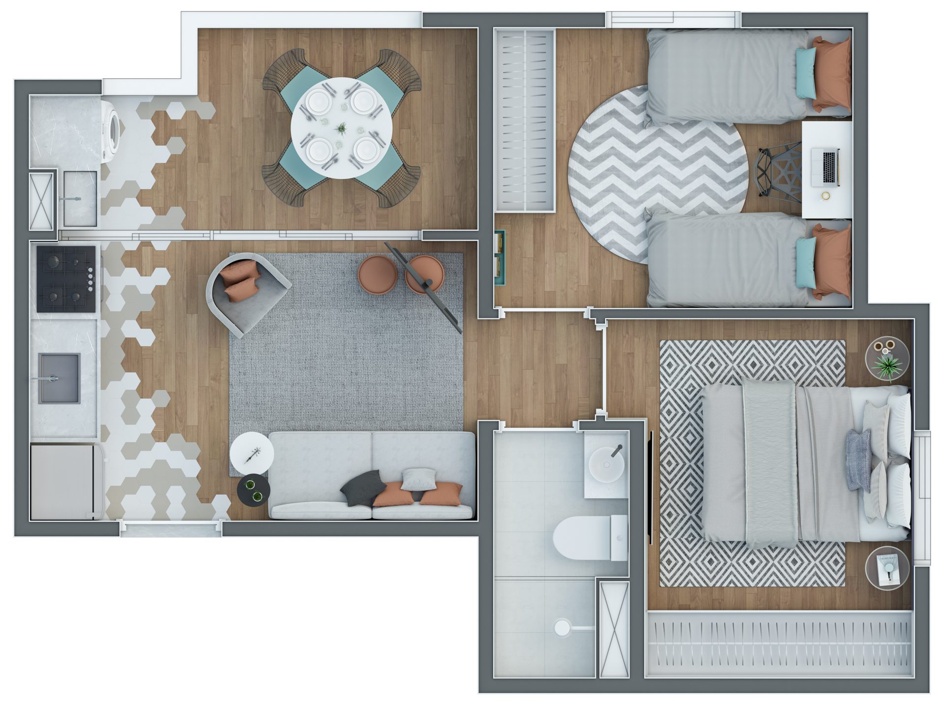 Planta de 40,96 m² — 2 dorms com terraço gourmet (torres 4–7) do Enjoy Home Club
