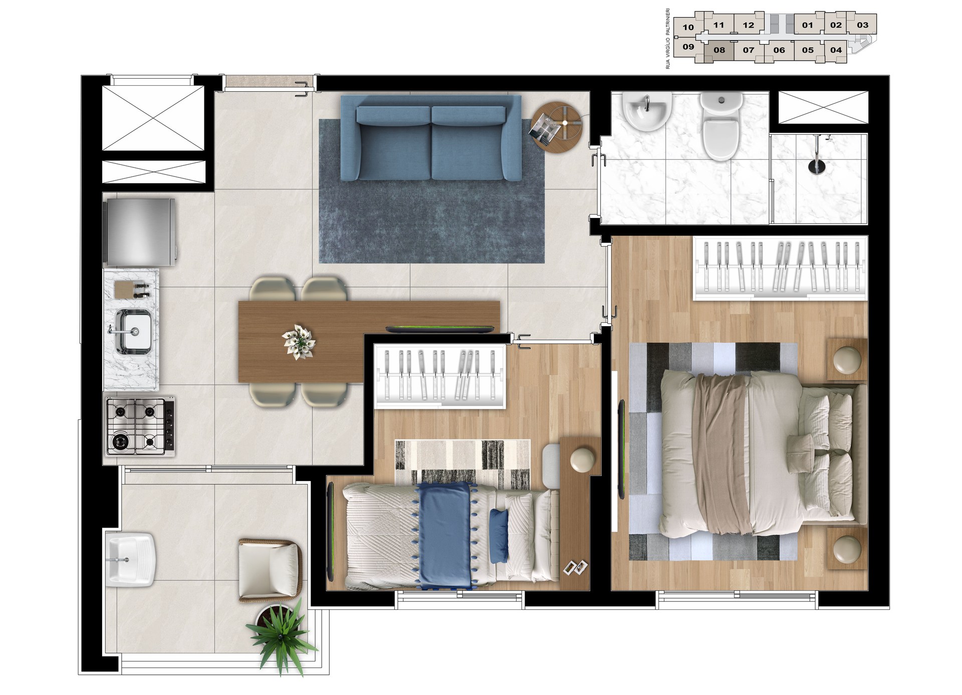 Planta de 35,86 m² do Lev Condomínio Clube Perus