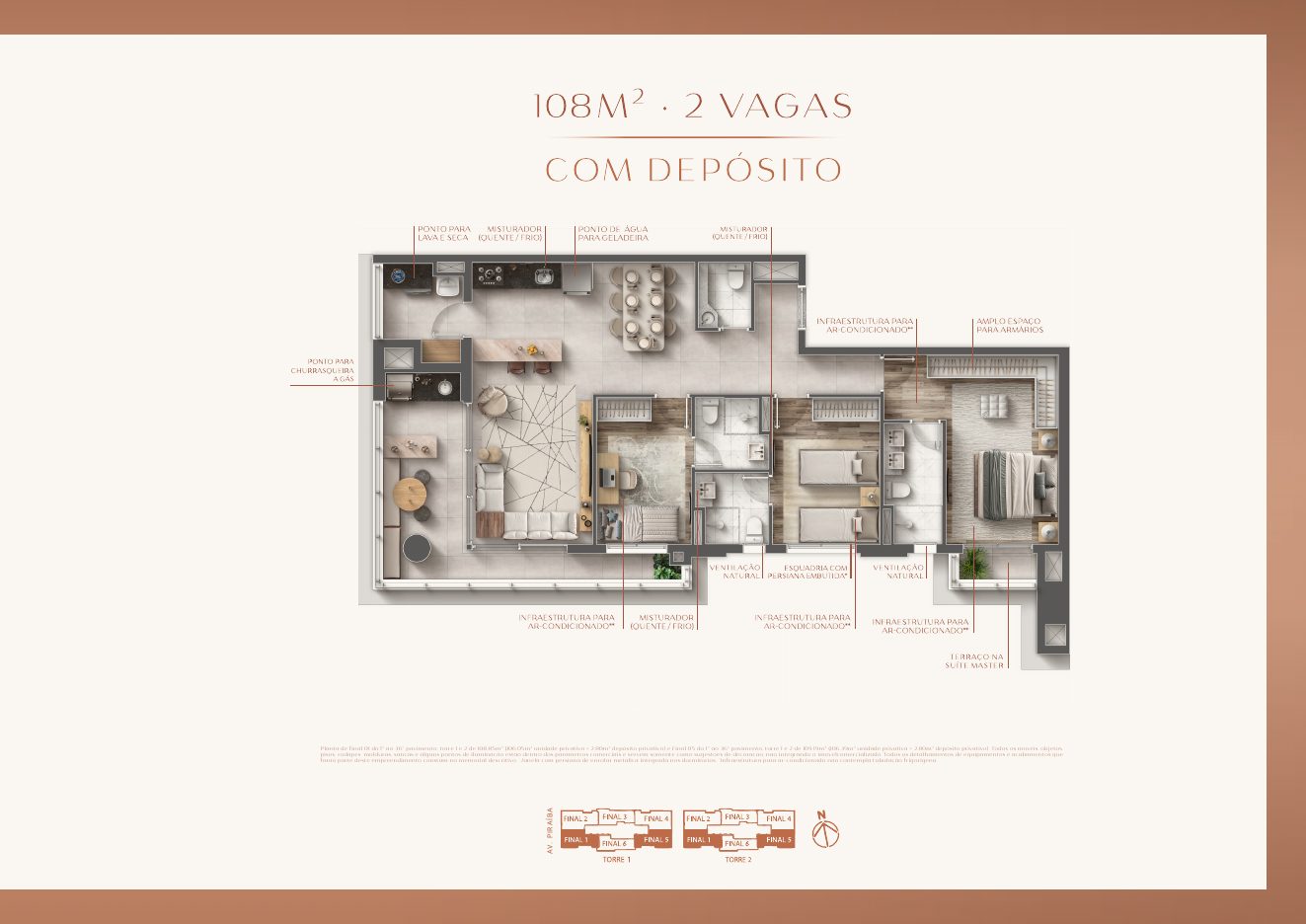 Planta de 108,85m² e 109,19m² do Eternity Residence