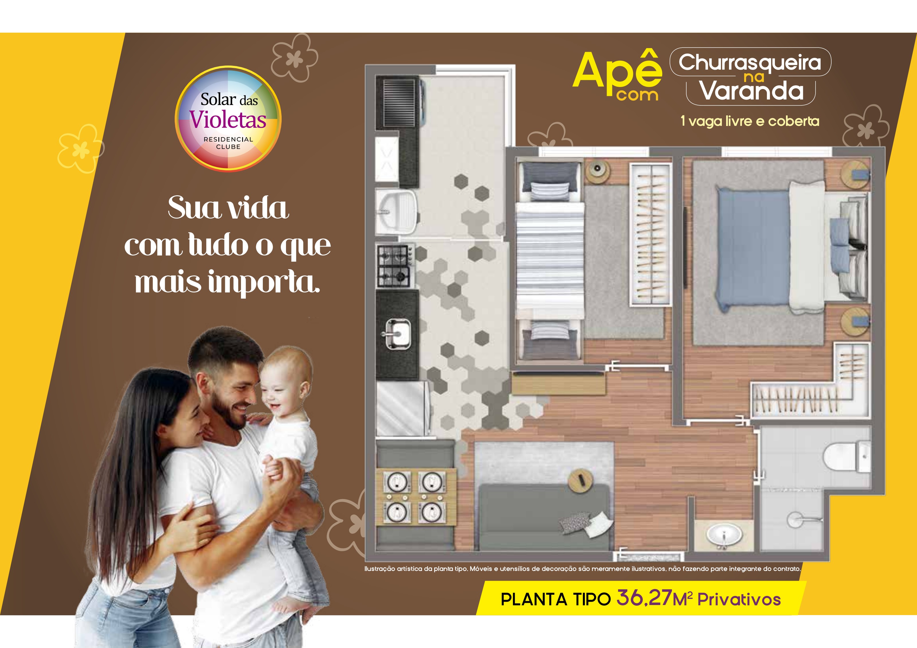 Planta de 36,27 m² do Solar das Violetas Residencial Clube