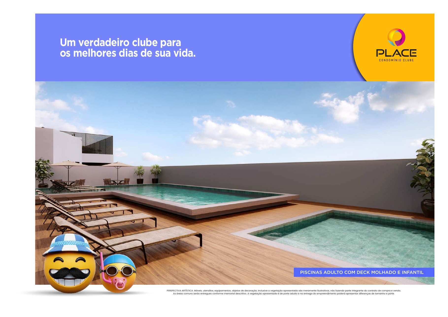 Piscinas adulto e infantil com deck molhado — Place Condomínio Clube