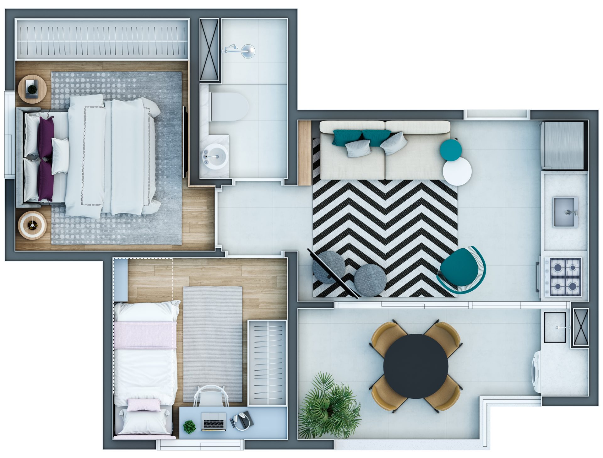 Planta de 38,87 m² — 2 dorms com terraço gourmet (torres 3–4) do Infinity Home Club