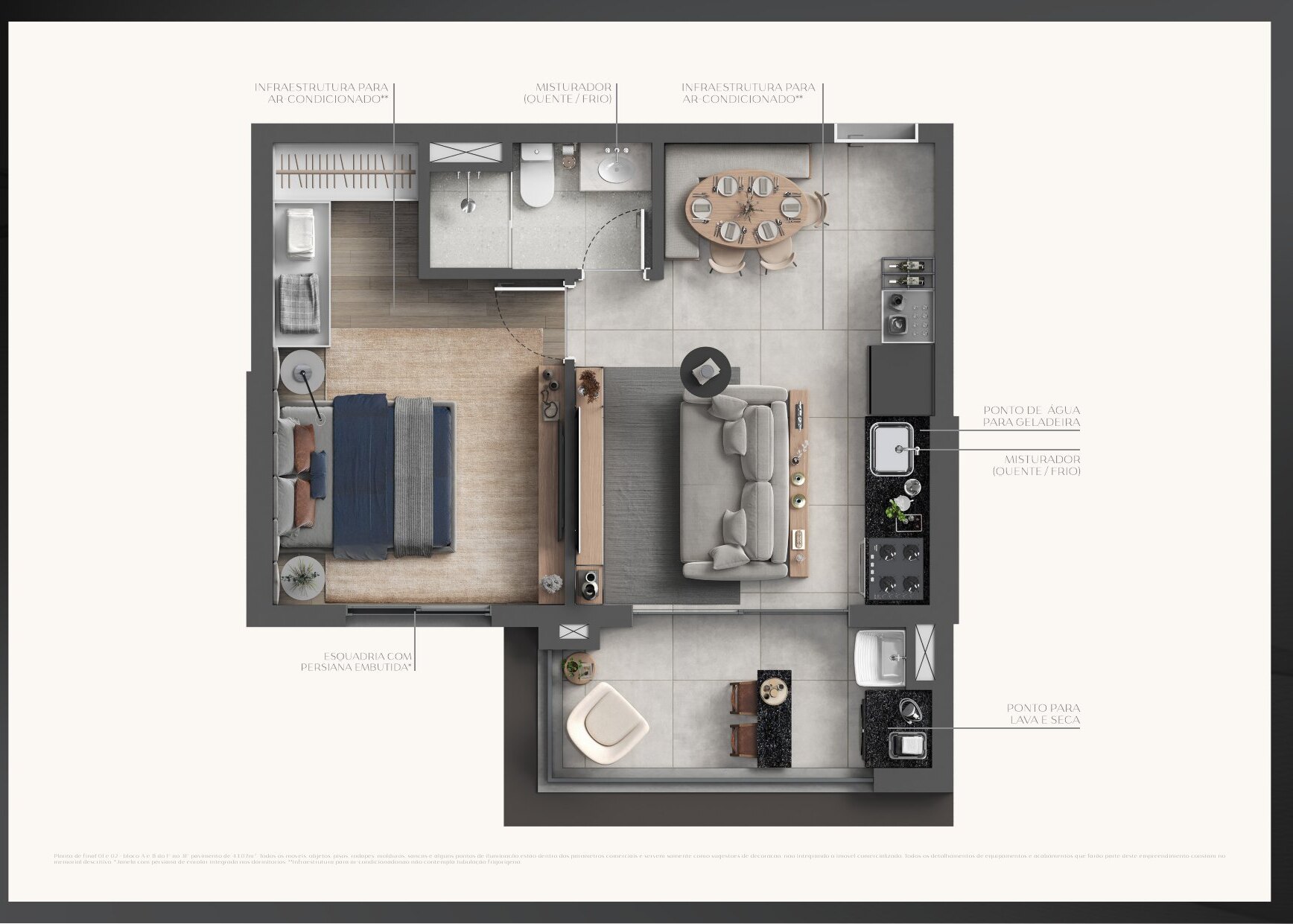 Planta de 43,07 m² do Beyond Residence
