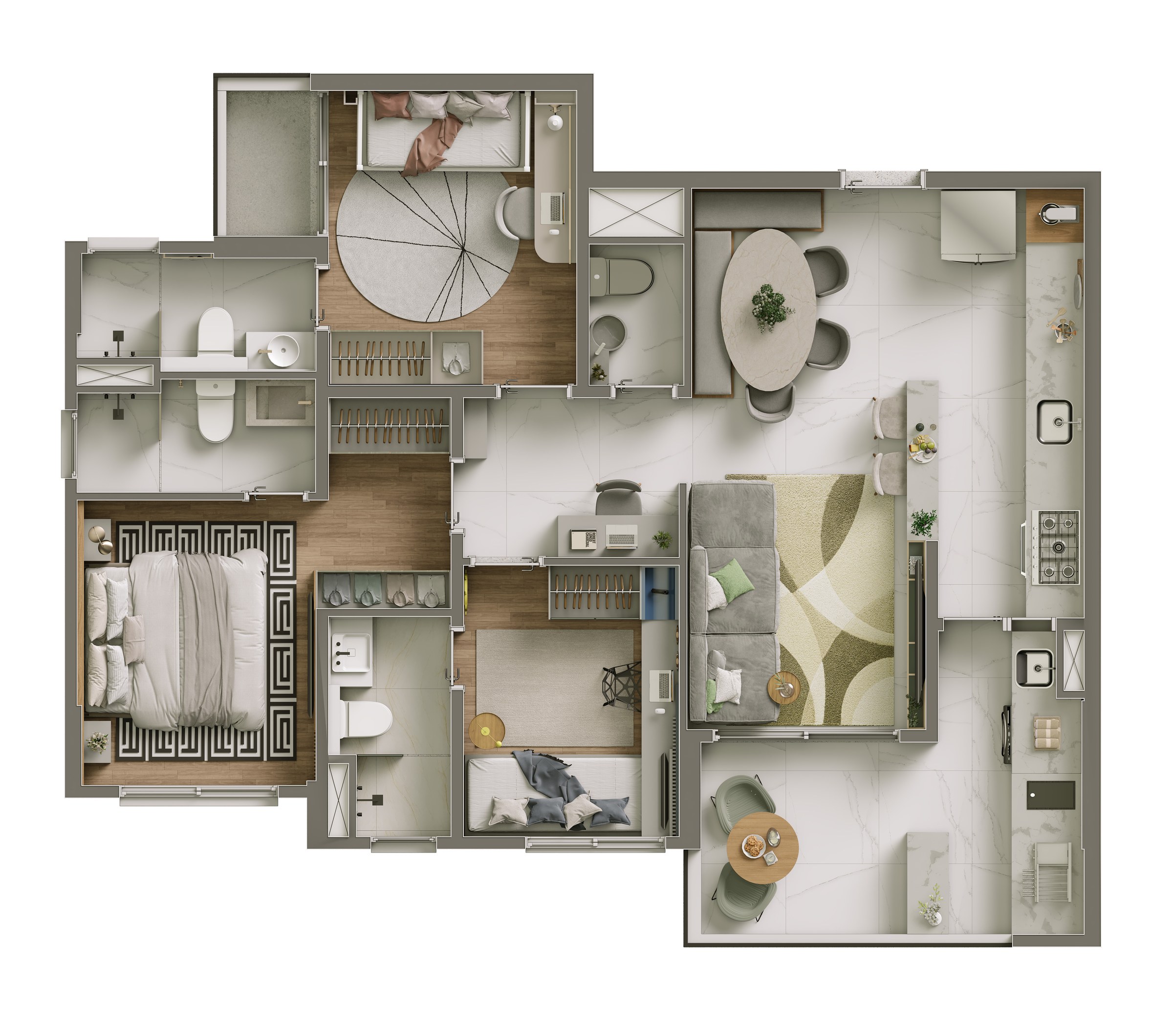Planta de 84 m² — 3 suítes do Alpha Park View