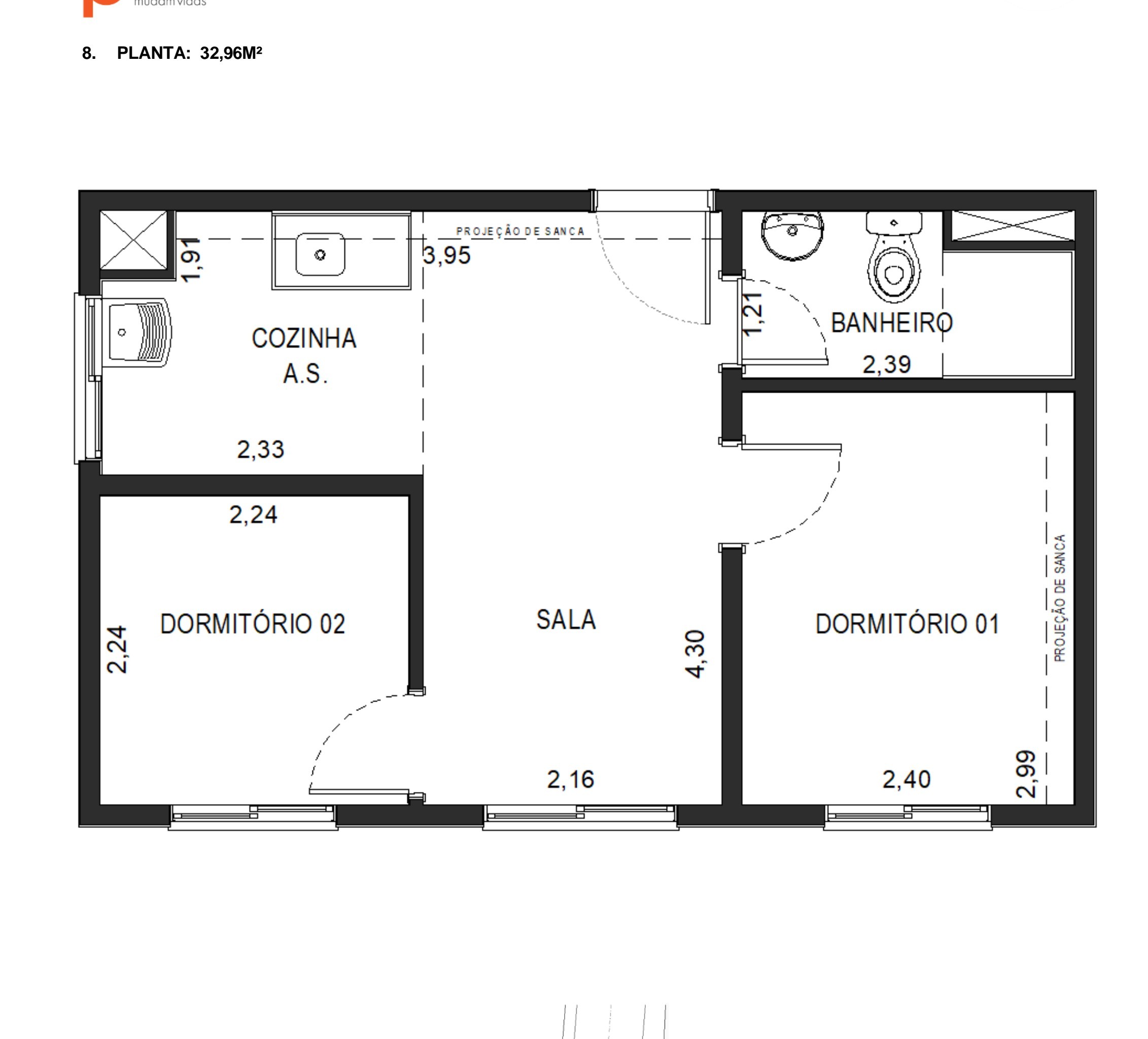 Planta de 32,96 m² do Via Cocá