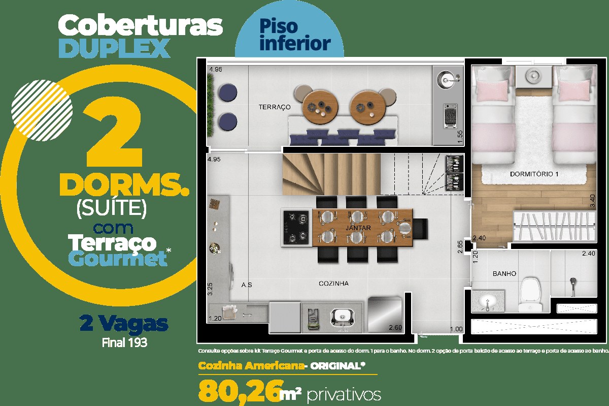 Planta de 80,26 m² do DeMAIS Bela Vista Residencial Clube