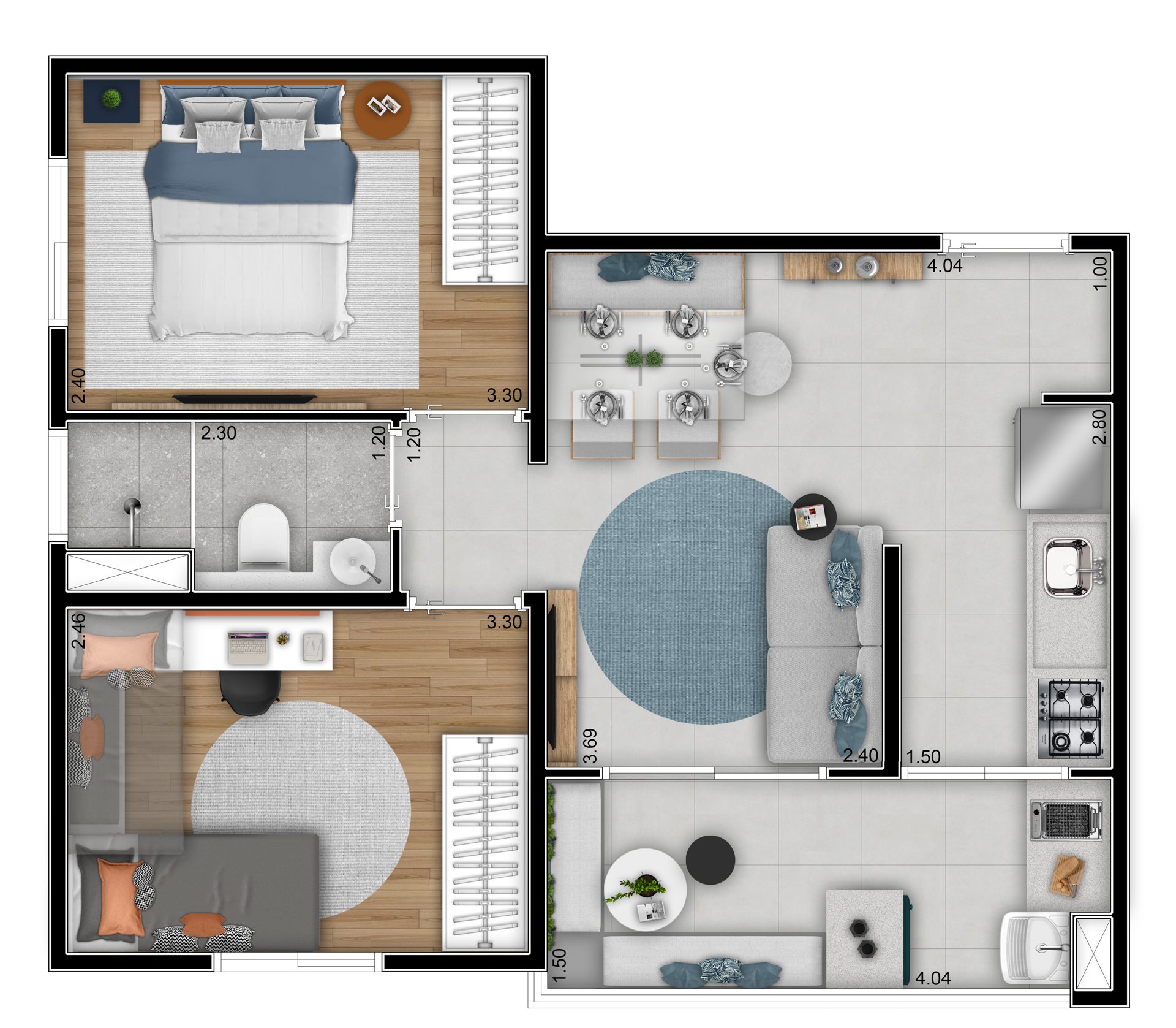 Planta de 45,82 m² — 2 dormitórios do Maxim Home Club