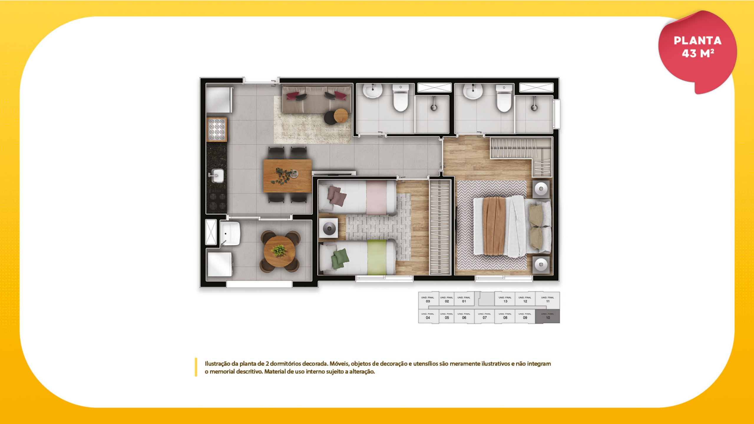 Planta de 43,41 m² do PiN Osasco Residencial Clube