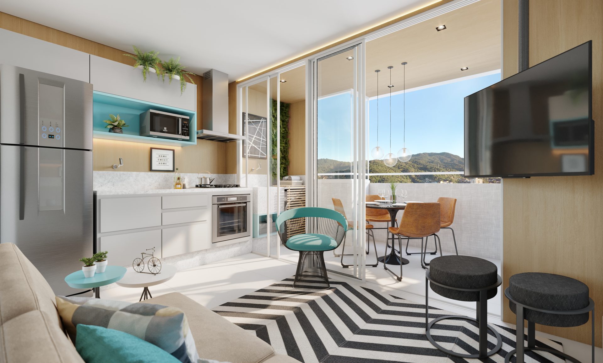 Planta de 38,87 m² — 2 dorms com terraço gourmet (torres 3–4) do Infinity Home Club