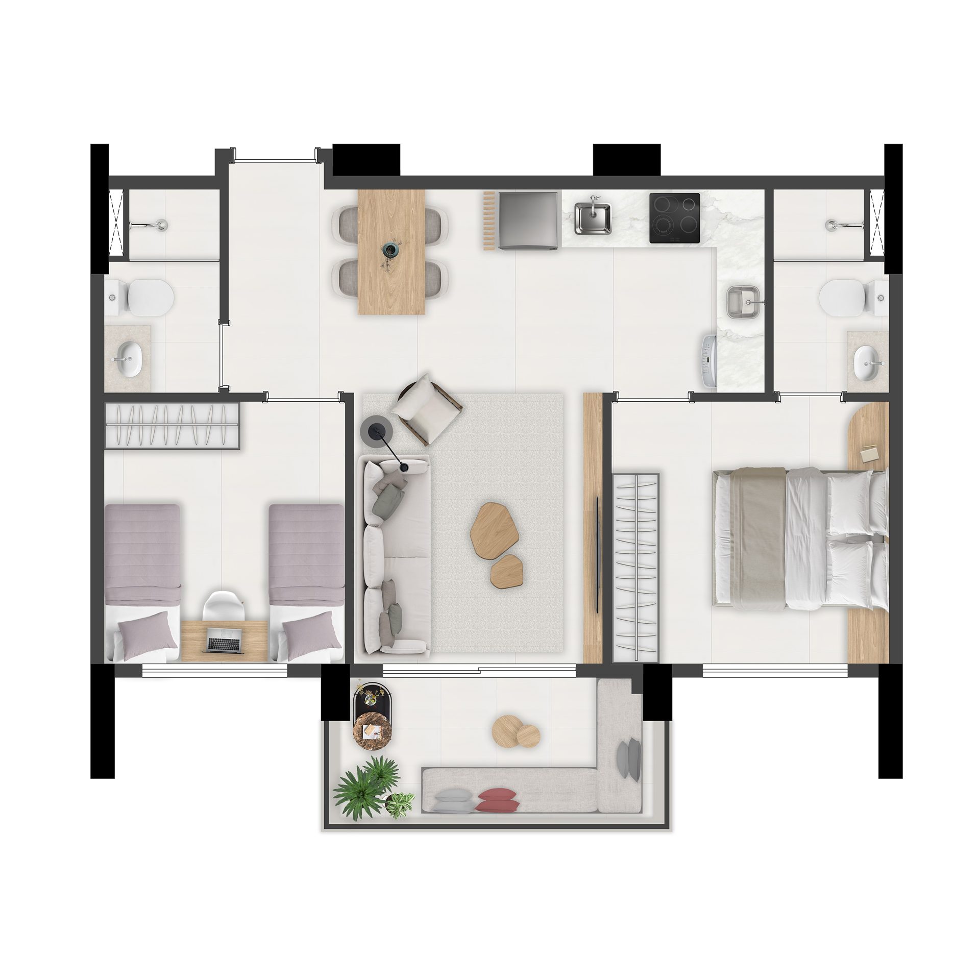 Planta de 49 m² — 2 dormitórios com suíte do Brás 120