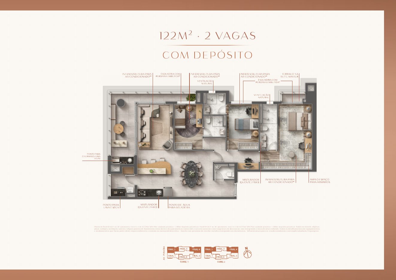 Planta de 122,29m² e 122,55m² do Eternity Residence
