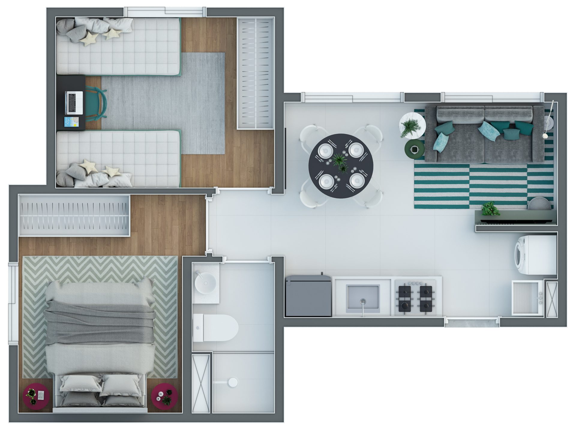 Planta de 37,54 m² — 2 dormitórios (torres 1–3) do Enjoy Home Club