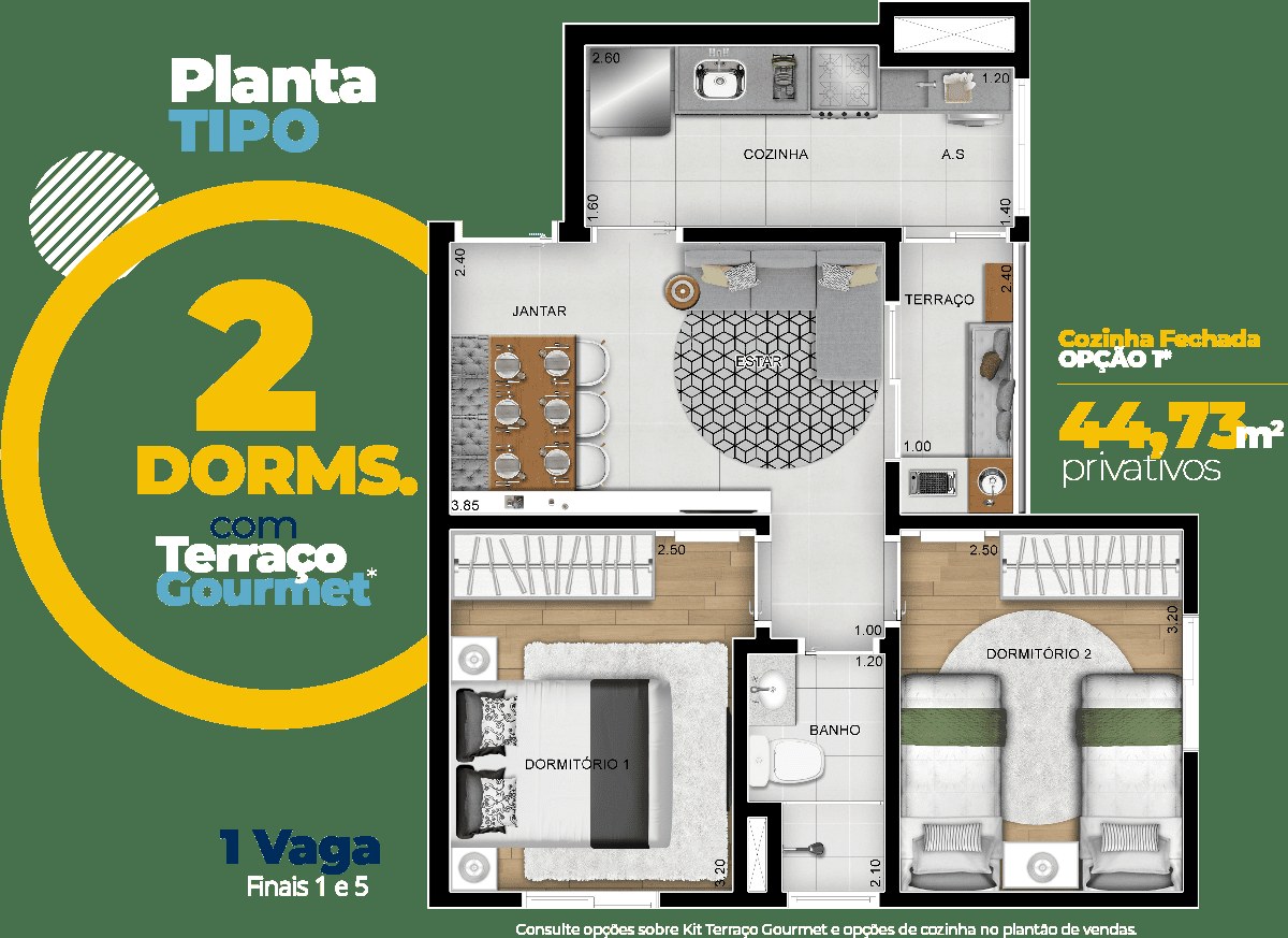 Living da planta de 44,73 m²