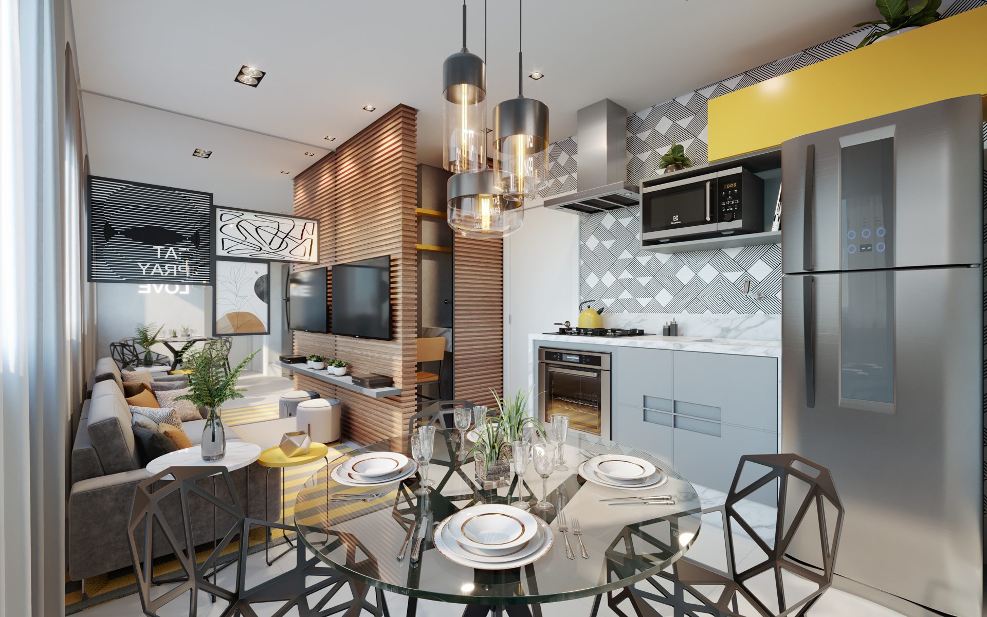 Living da planta de 38,87 m² — 2 dorms com terraço gourmet (torres 3–4)