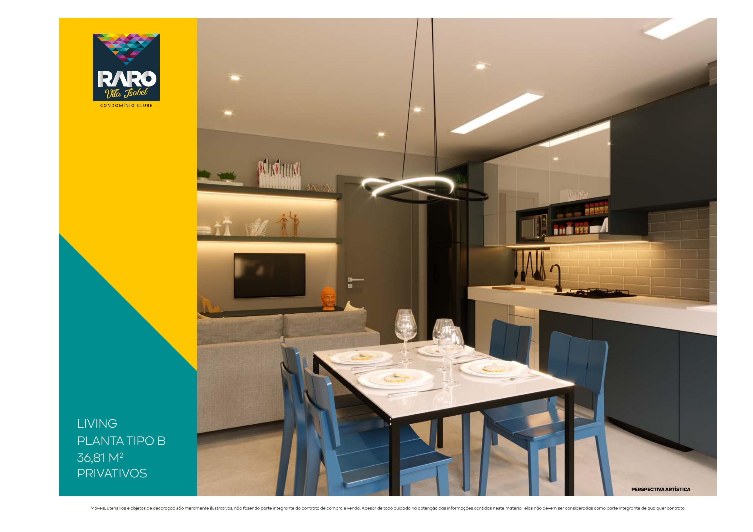 Living — planta tipo B de 36,81 m² — RARO Vila Isabel Condomínio Clube