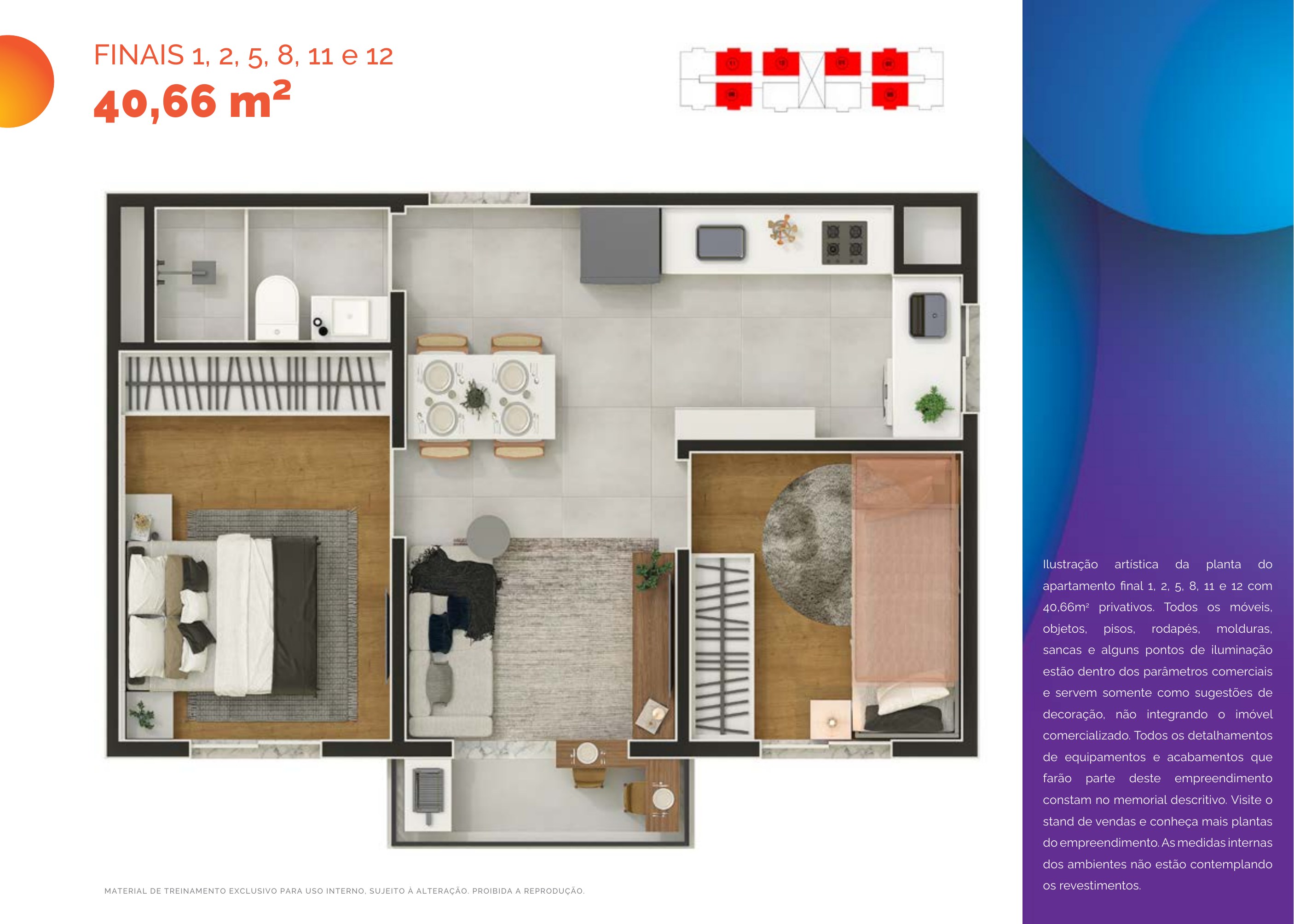 Planta de 40,66 m² do Lumini Clube Residencial
