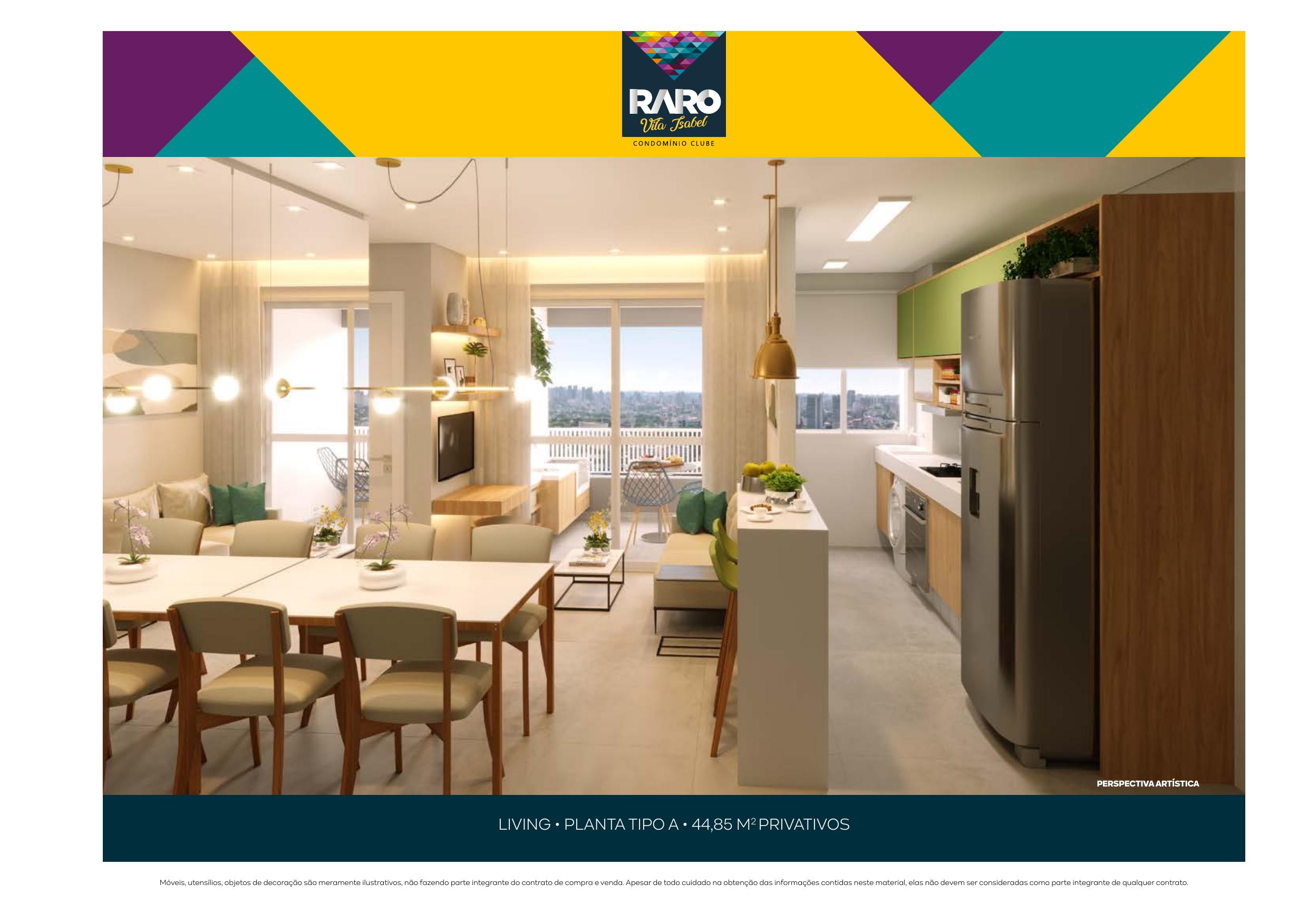 Living — planta tipo A de 44,85 m² — RARO Vila Isabel Condomínio Clube