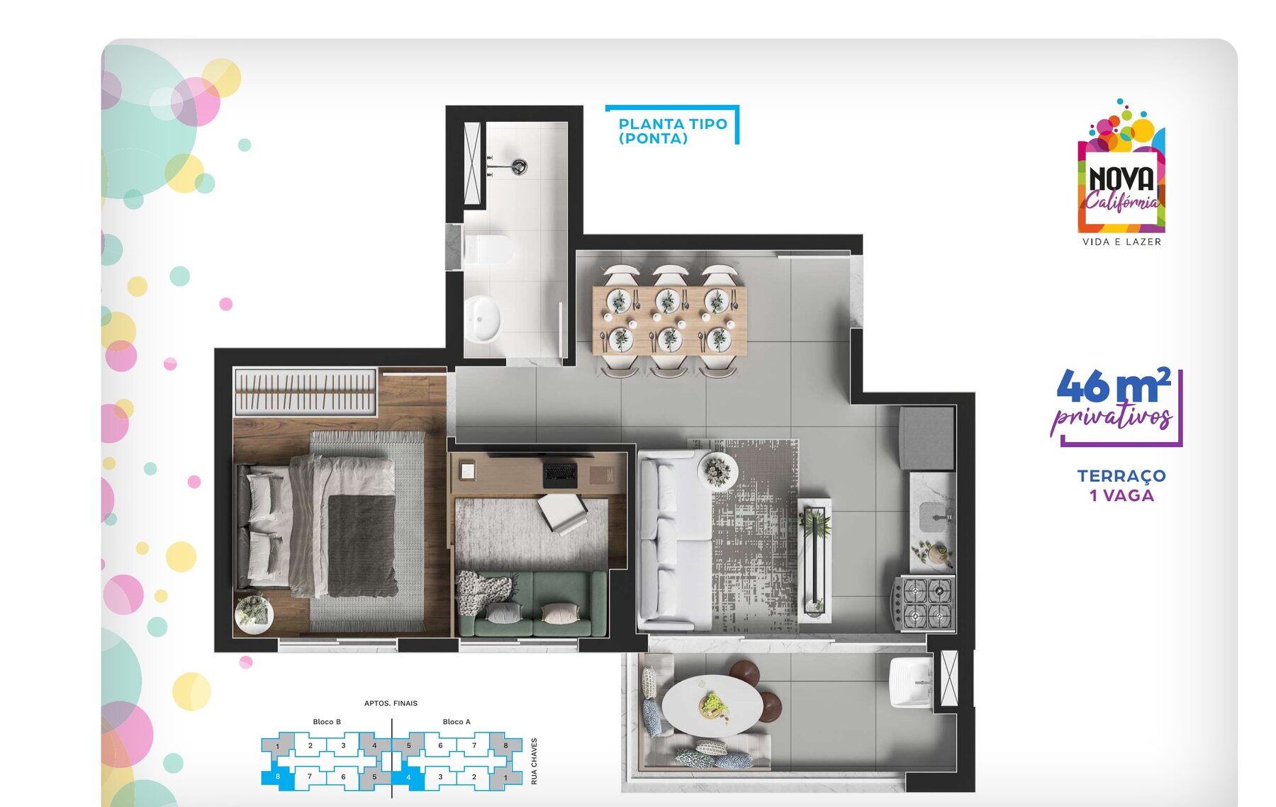 Planta de 46 m² — apto. tipo ponta do Nova Califórnia