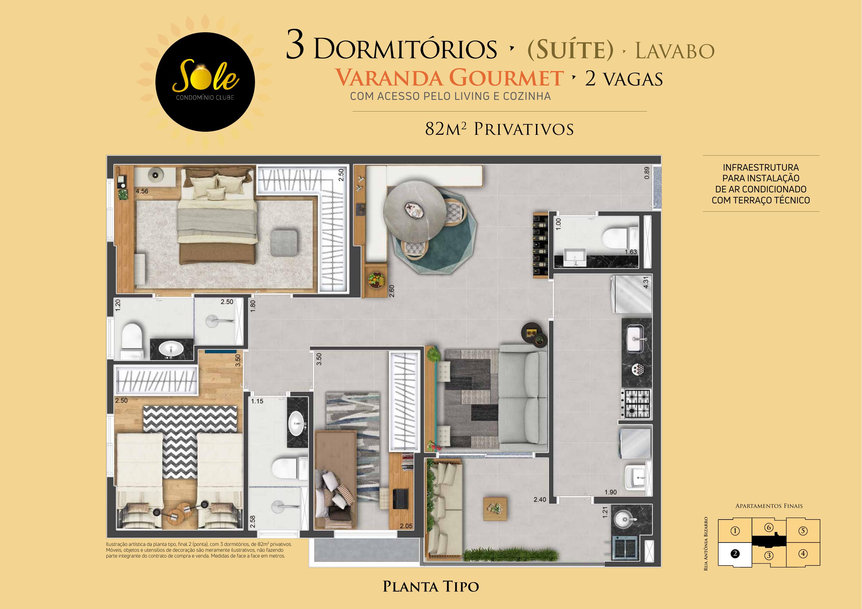 Planta de 82 m² do Sole Condomínio Clube