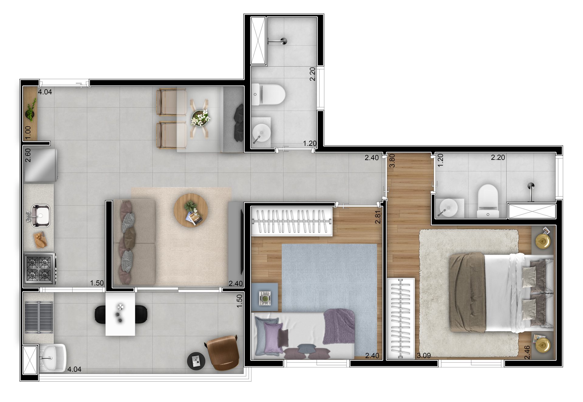 Planta de 47,80 m² — 2 dorms com suíte do Maxim Home Club