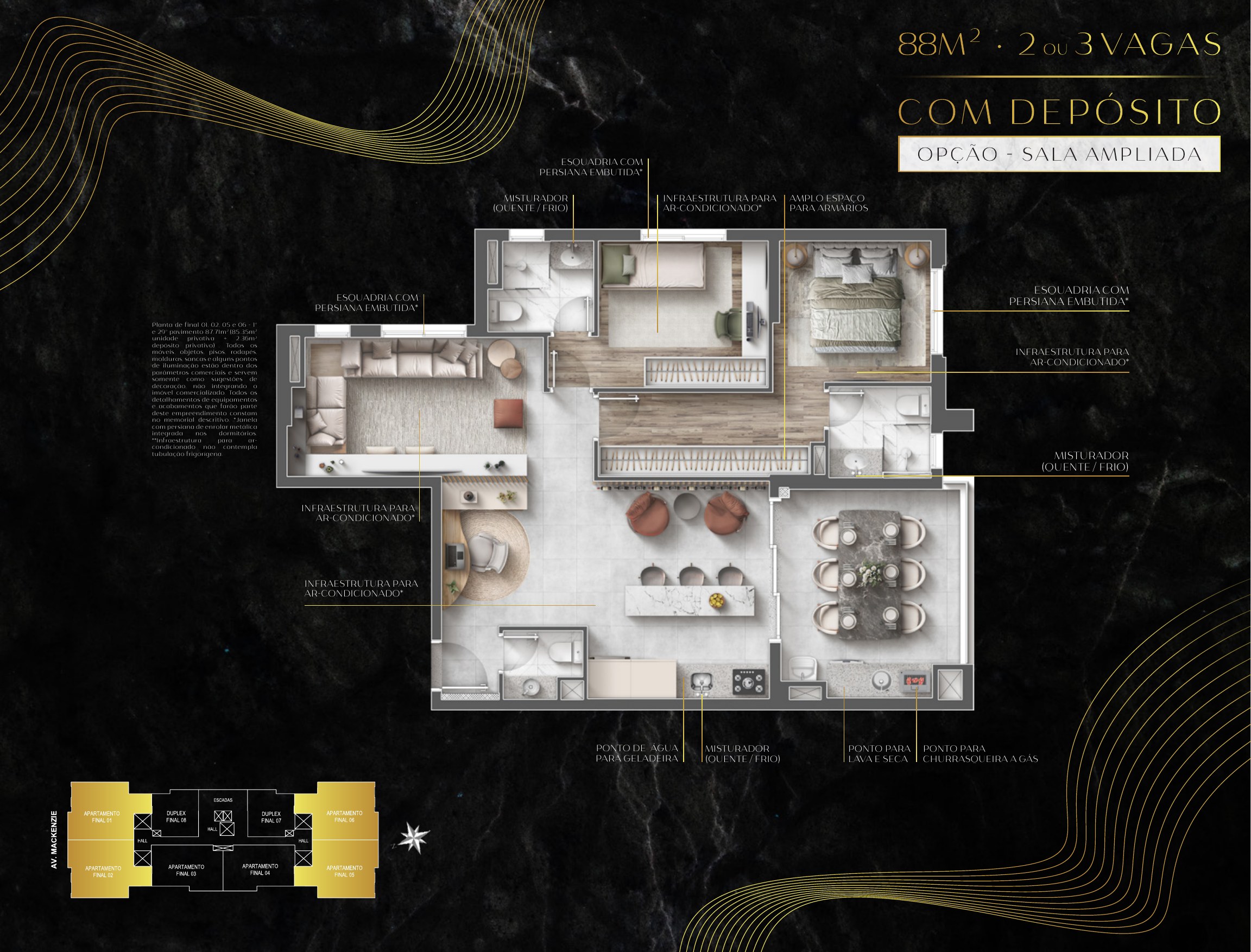 Planta de 87,71 m² — sala ampliada do Symmetry Residence