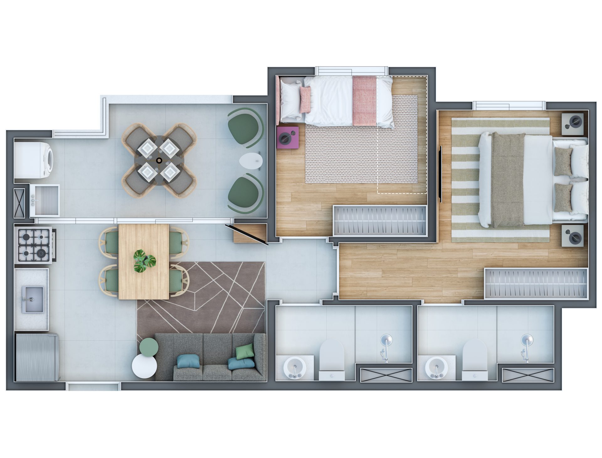 Planta de 41,91 m² — 2 dorms com suíte e terraço (torres 3–4) do Infinity Home Club