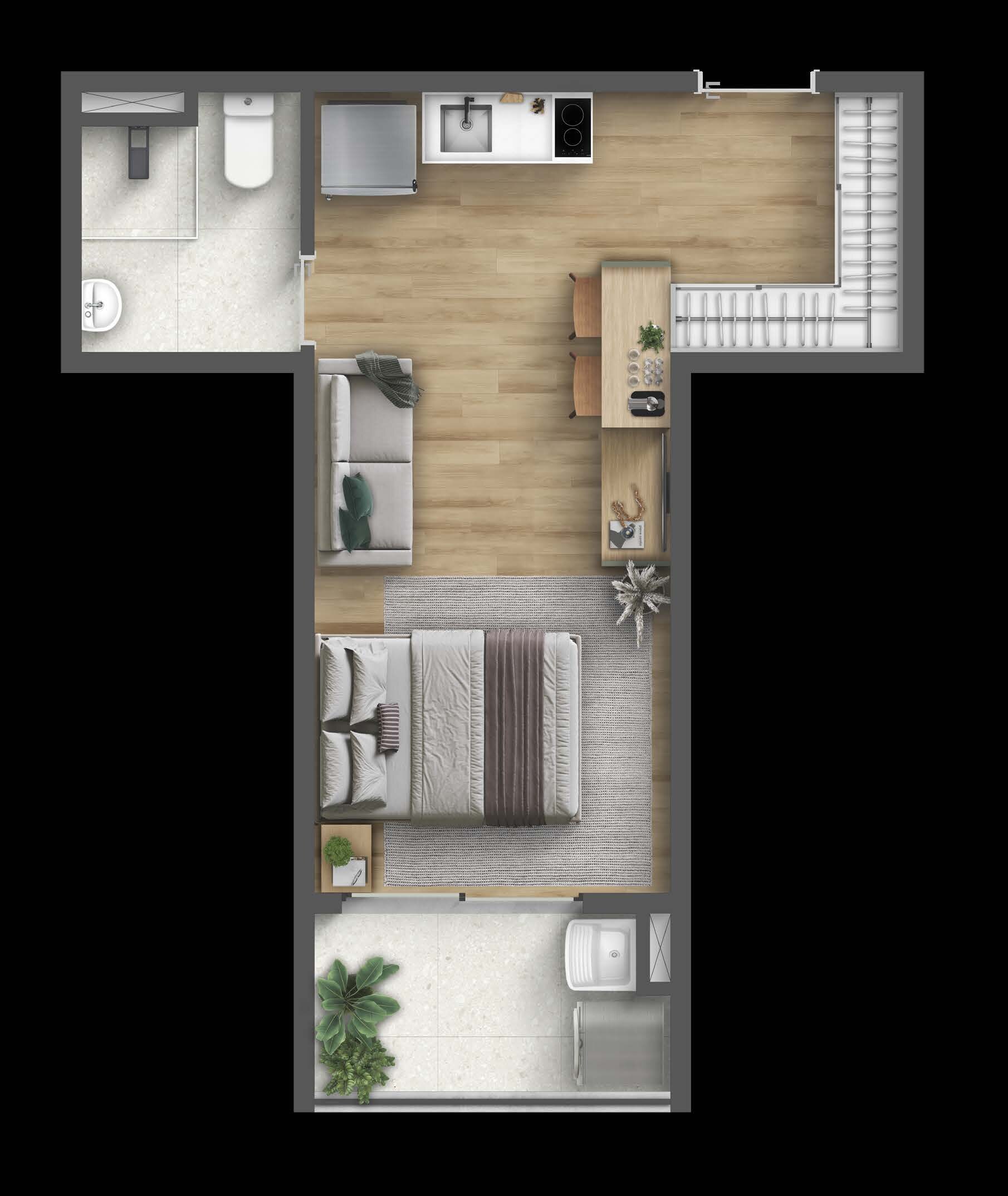 Planta de 27,58 m² do Residencial Maro by BP8