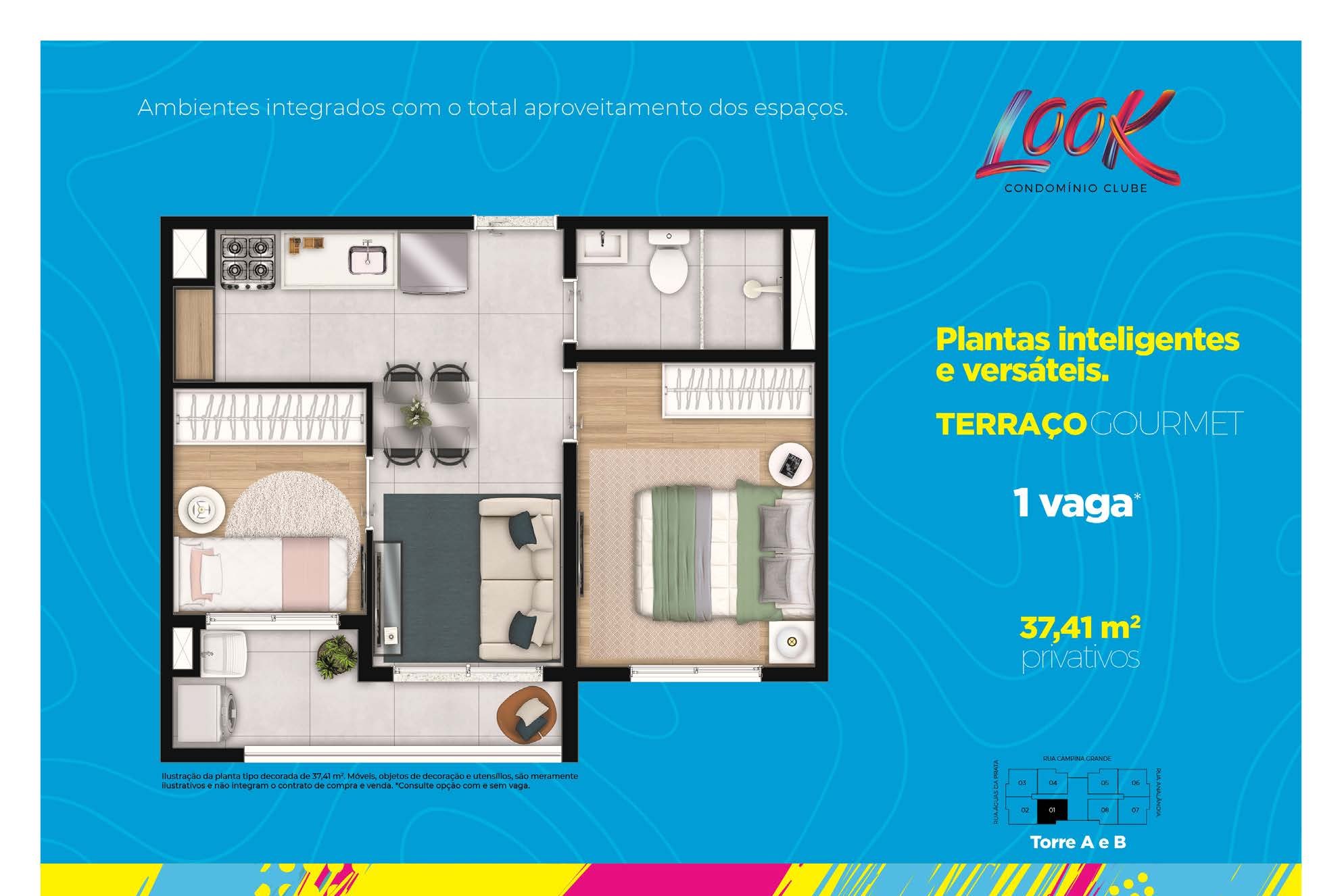Planta de 37,41 m² do Look Condomínio Clube
