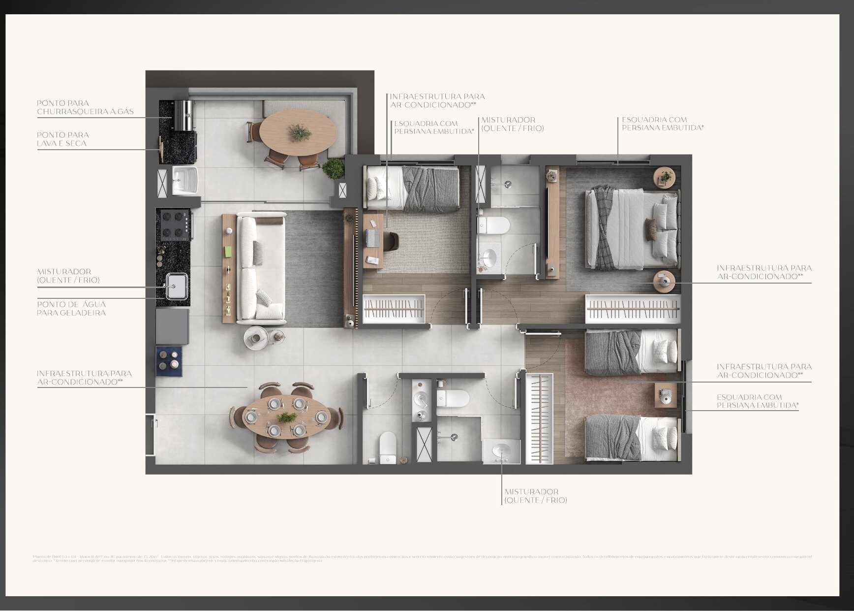 Planta de 75,20 m² do Beyond Residence