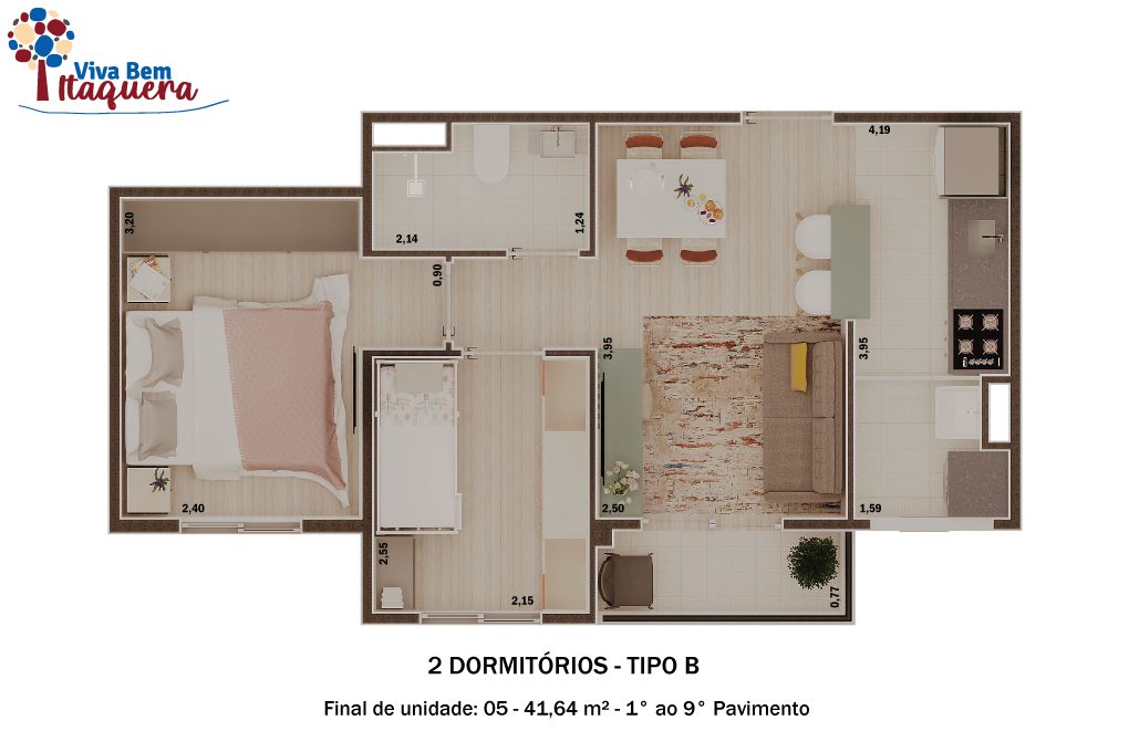Planta de Tipo B — 1º ao 9º pavimento do Viva Bem Itaquera