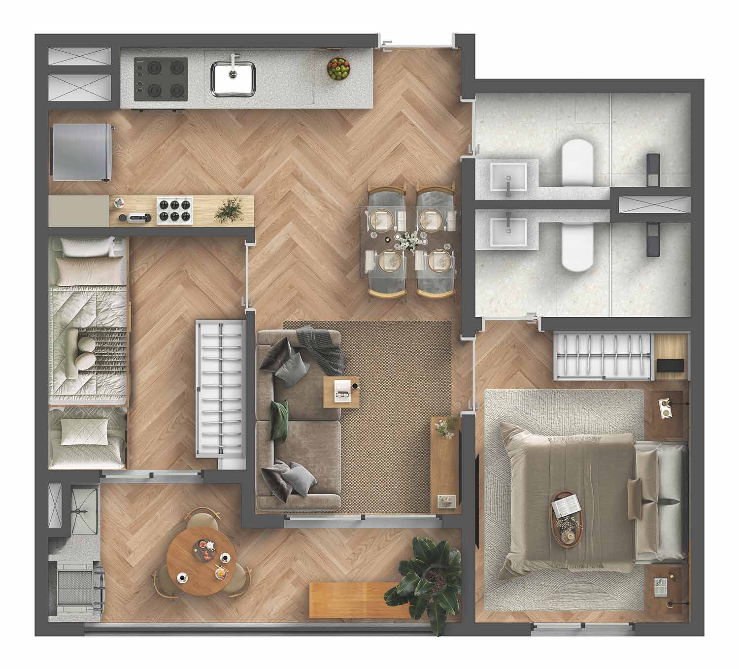 Planta de 46,40 m² do Residencial Momi by BP8