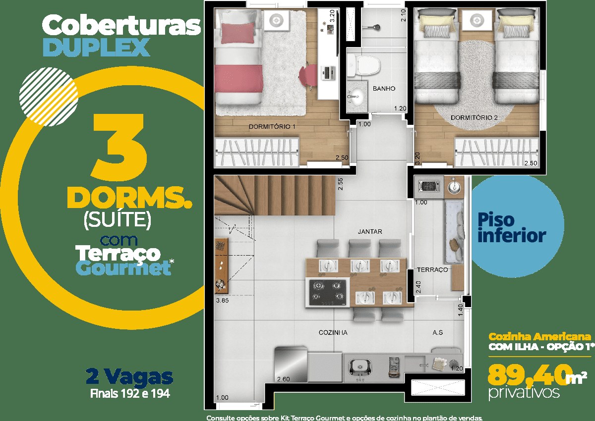 Planta de 89,40 m² do DeMAIS Bela Vista Residencial Clube