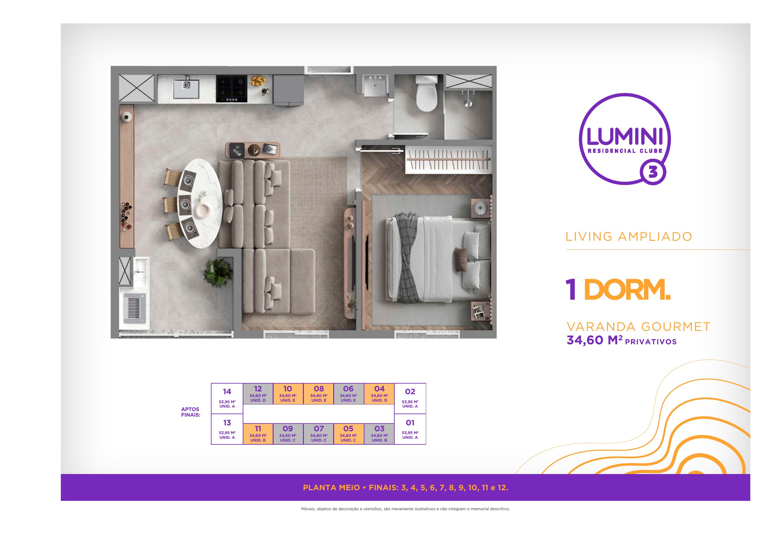 Planta de 34,60 m² · living ampliado do Lumini 3 Residencial Clube