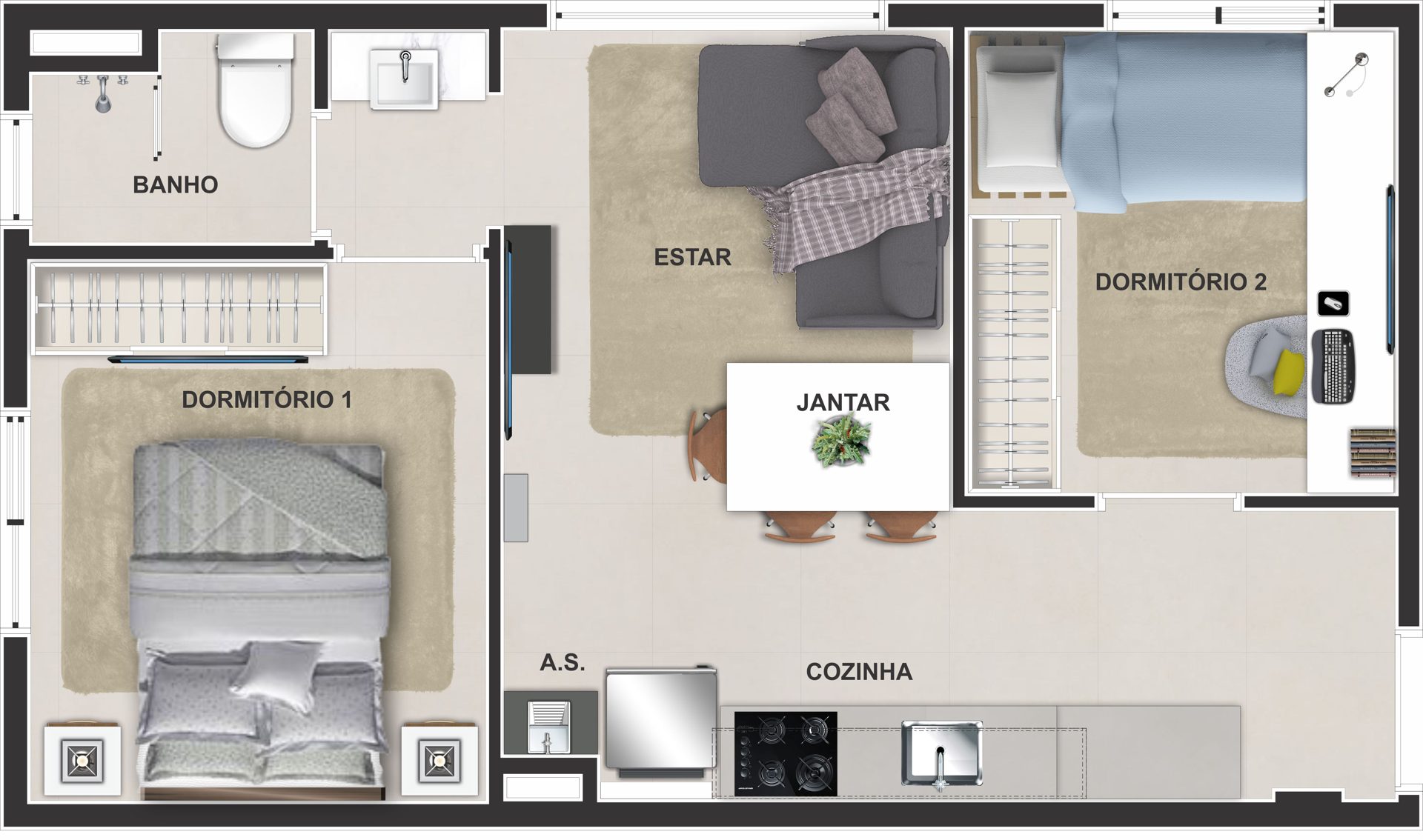 Planta de 33 m² — 2 dormitórios (canto, tipo 01) do Choice Ipiranga
