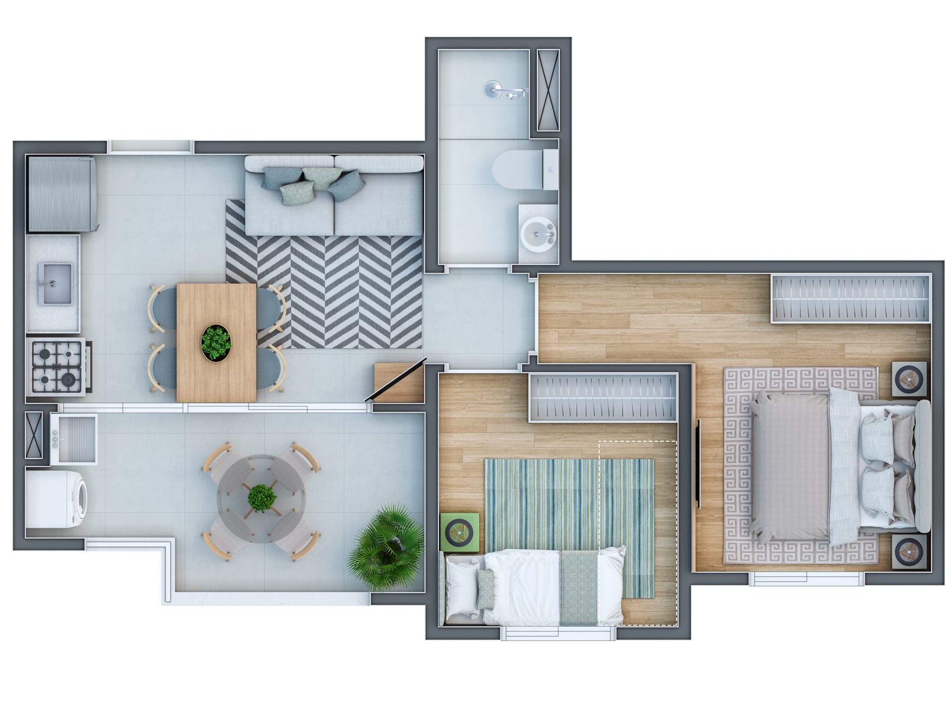 Planta de 39,38 m² — 2 dorms com terraço gourmet (torres 3–4) do Infinity Home Club