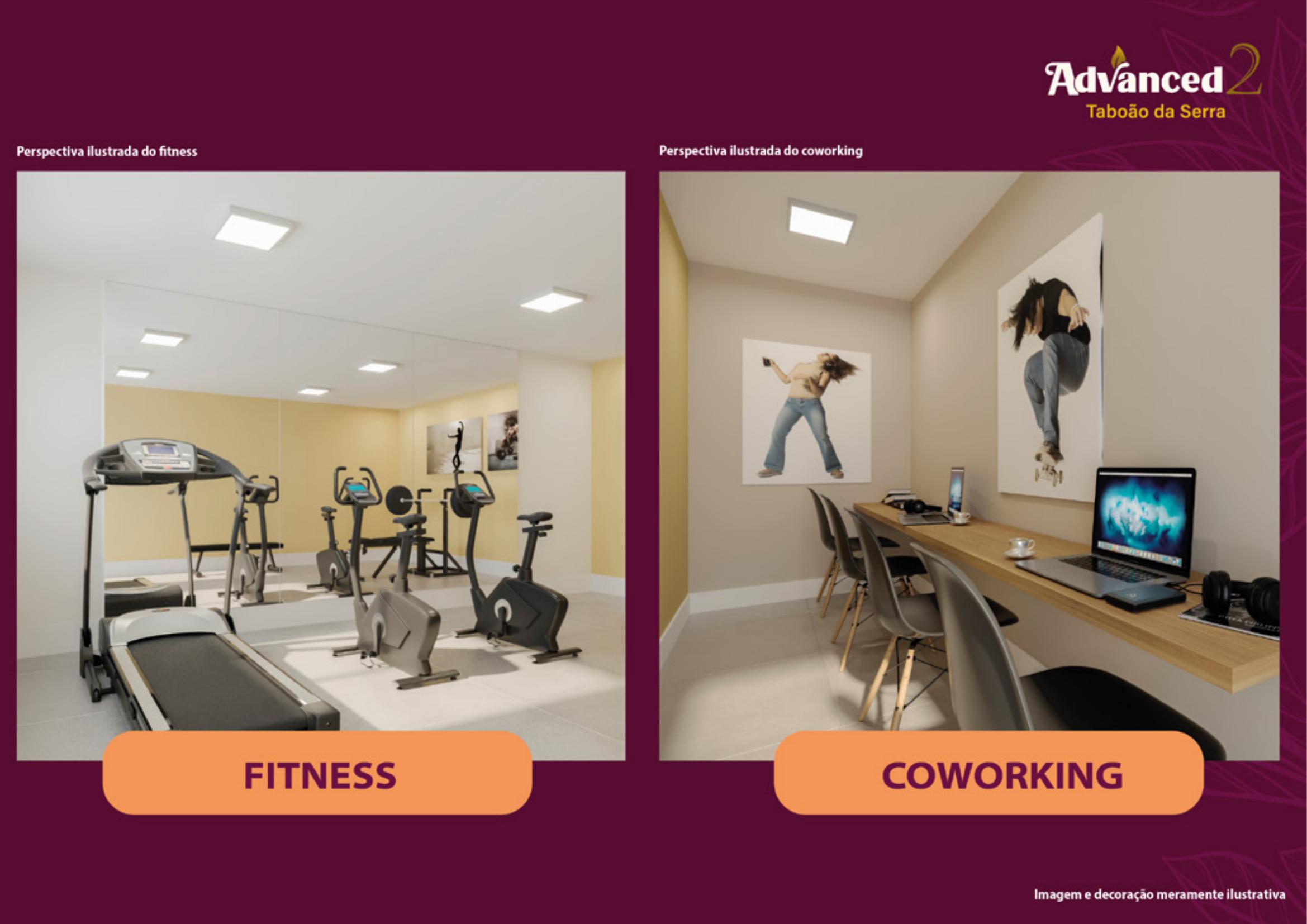 Perspectivas ilustradas do fitness e do coworking — Advanced 2 Taboão da Serra