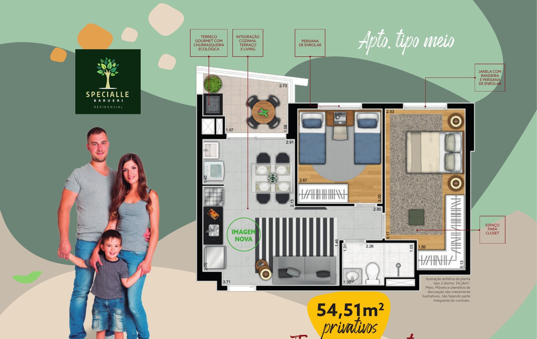 Planta de 54,51 m² — apto. tipo meio do Specialle Residencial Barueri