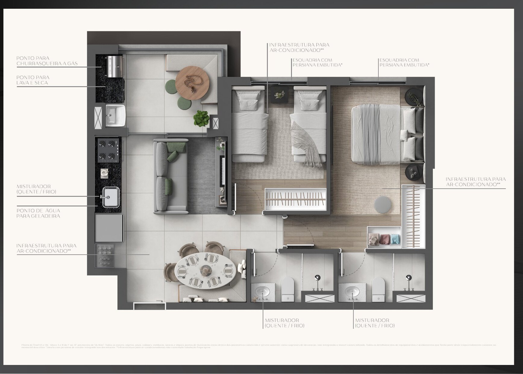 Planta de 56,46 m² do Beyond Residence