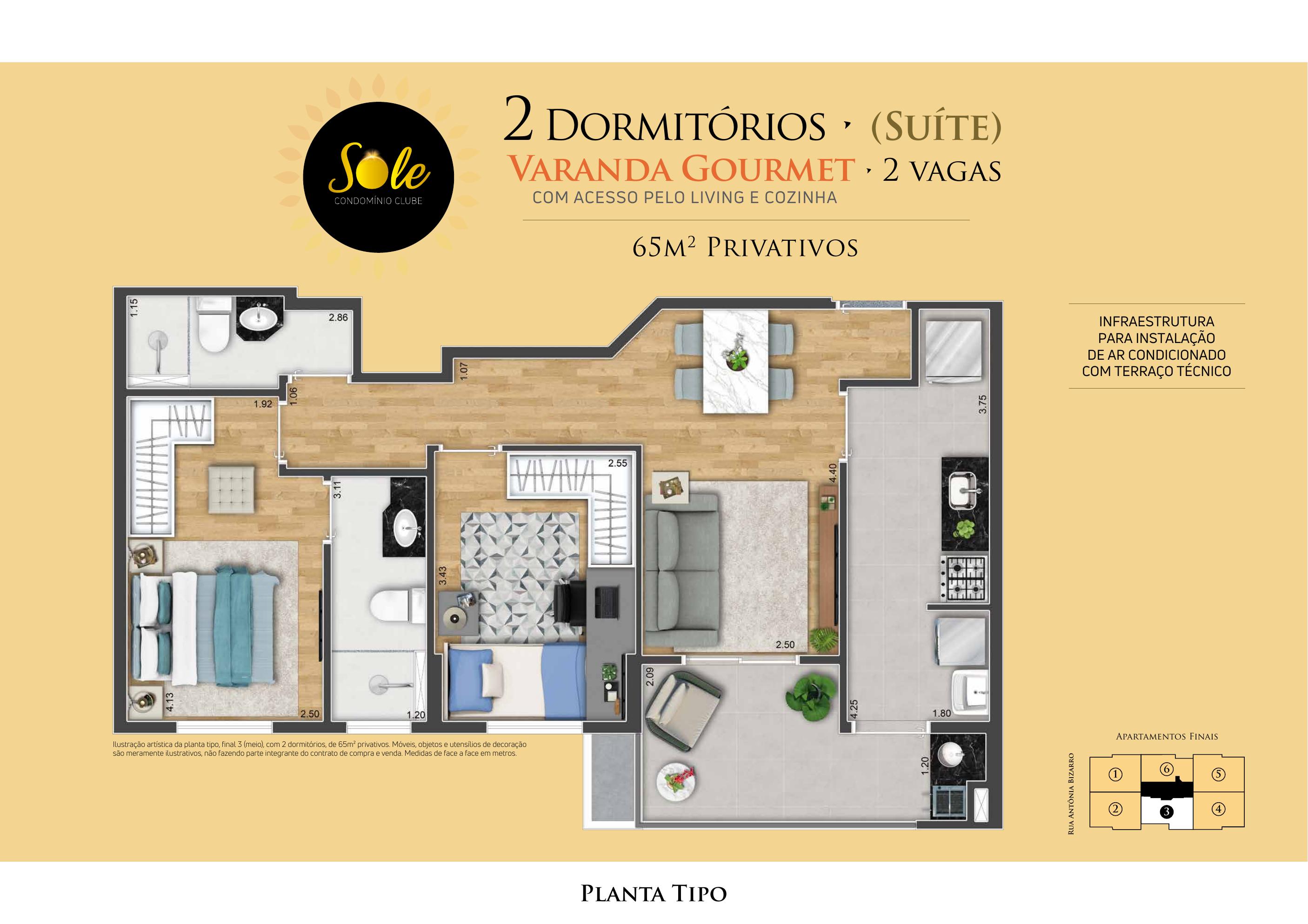 Planta de 65 m² do Sole Condomínio Clube