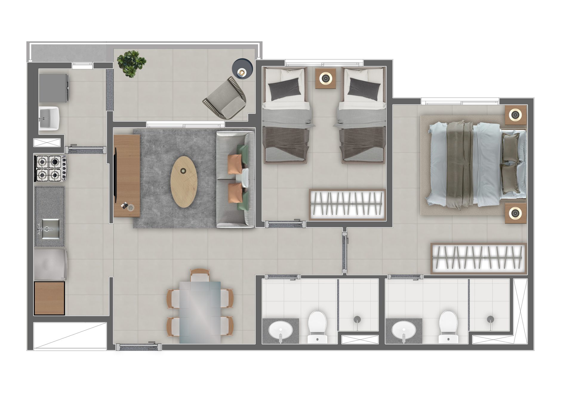 Planta de 57 m² — 2 dormitórios com suíte do Connect Penha