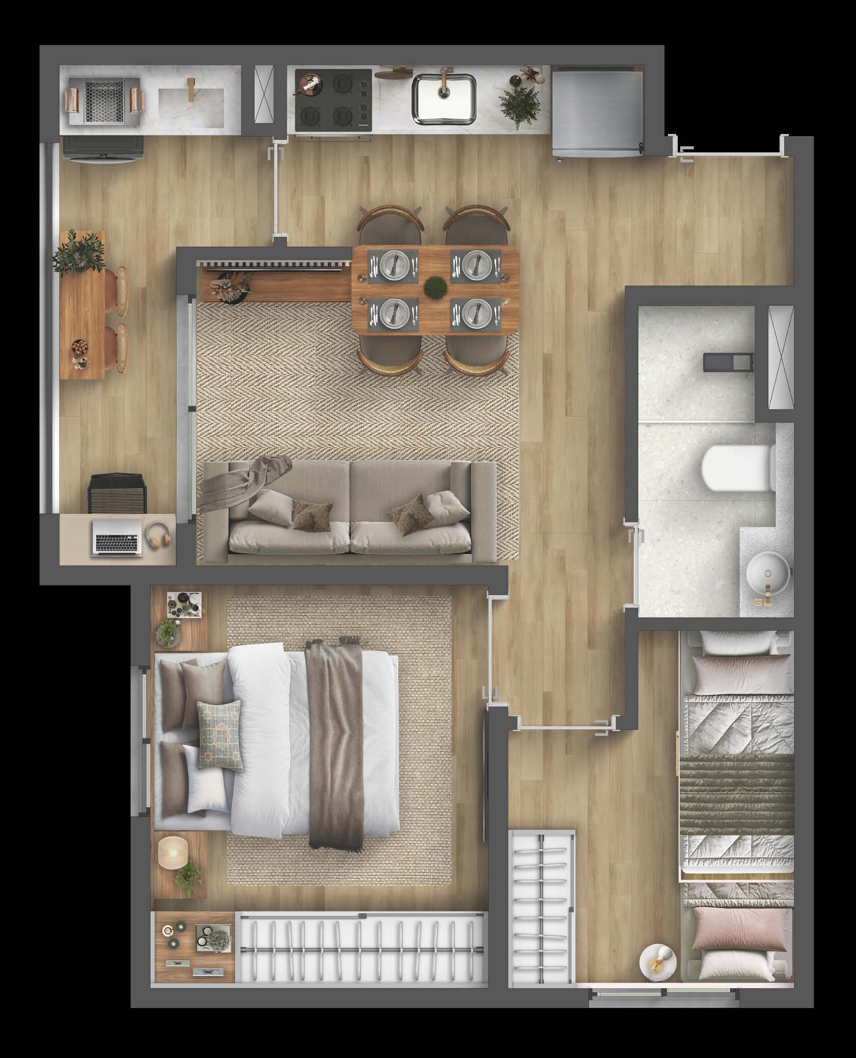 Planta de 39,53 m² do Residencial Maro by BP8