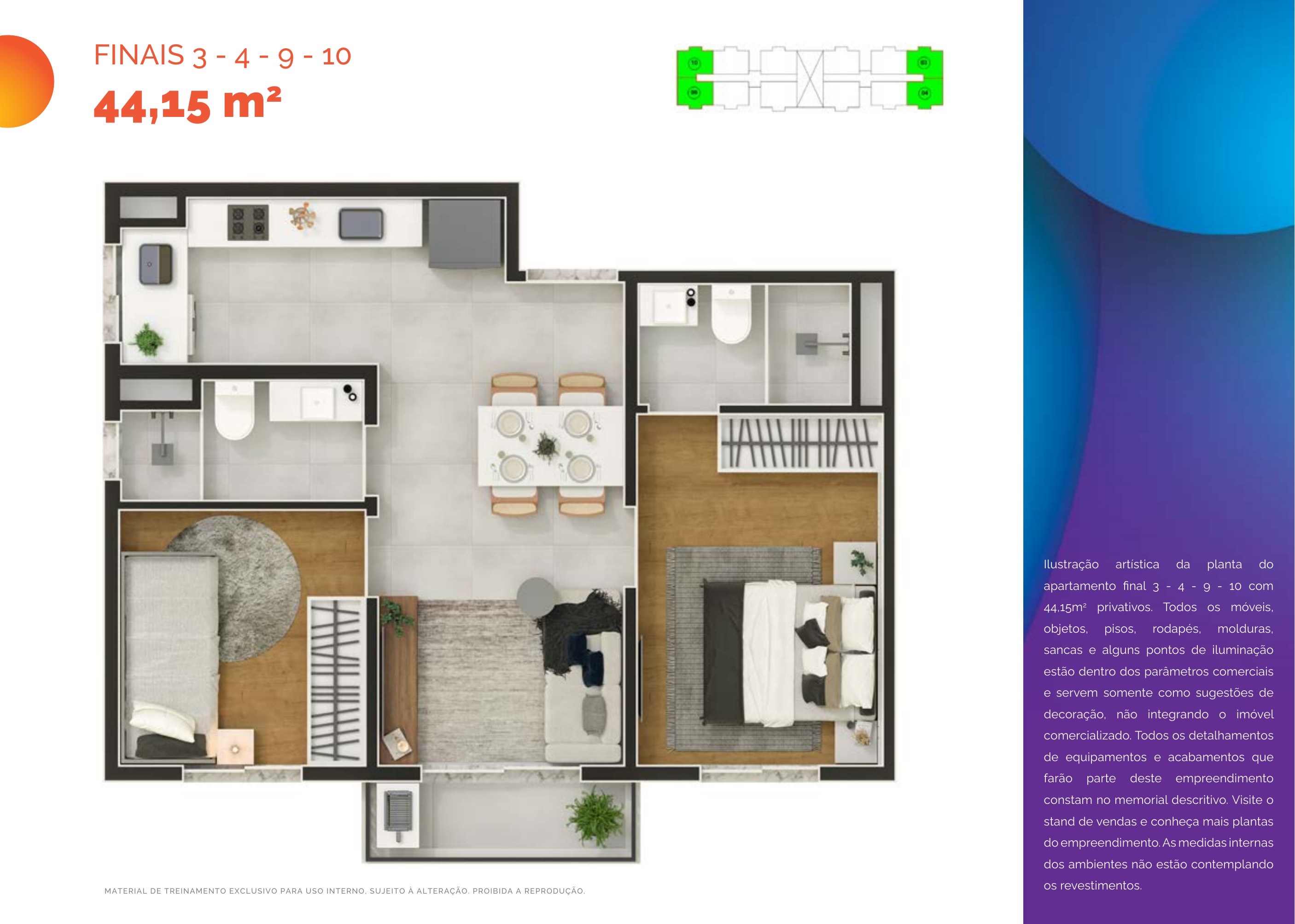 Planta de 44,15 m² do Lumini Clube Residencial