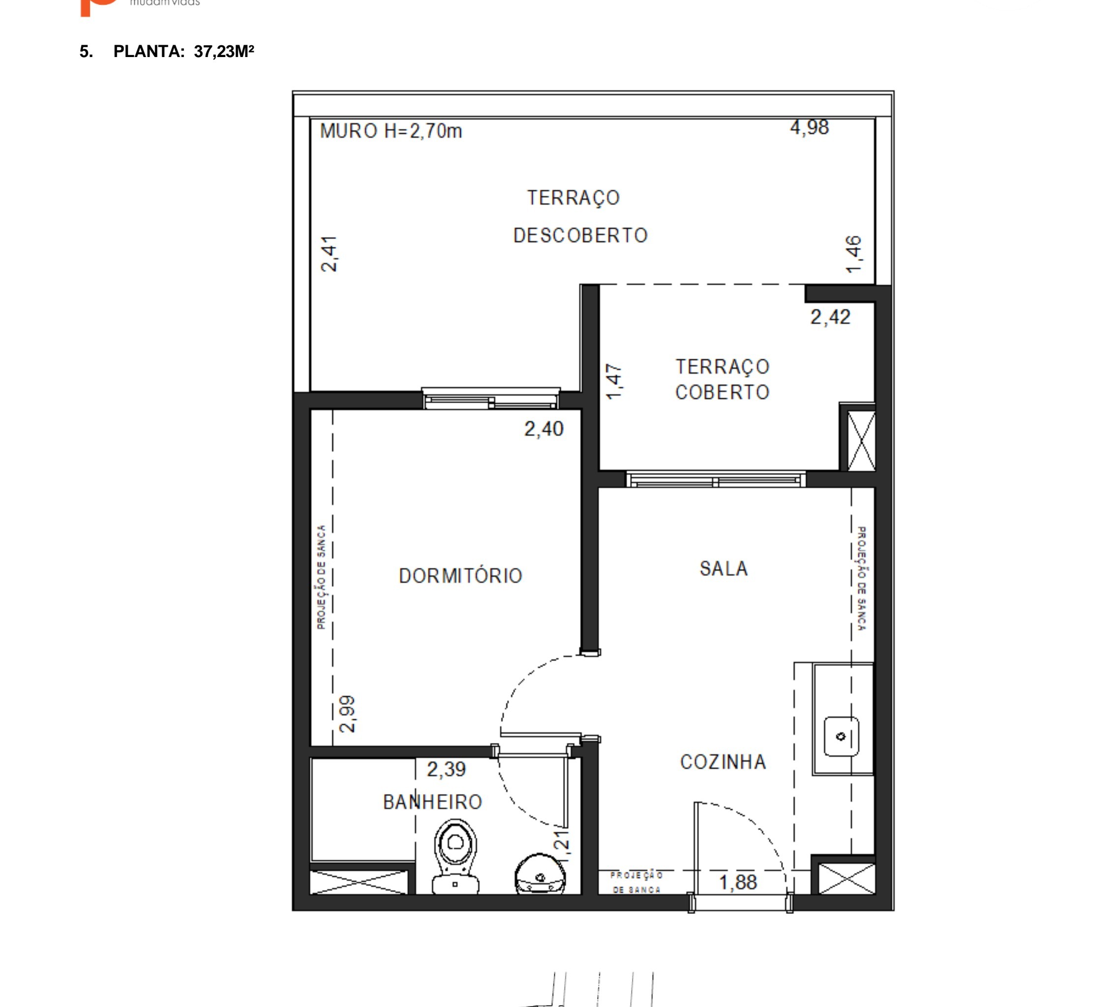 Planta de 37,23 m² do Via Cocá