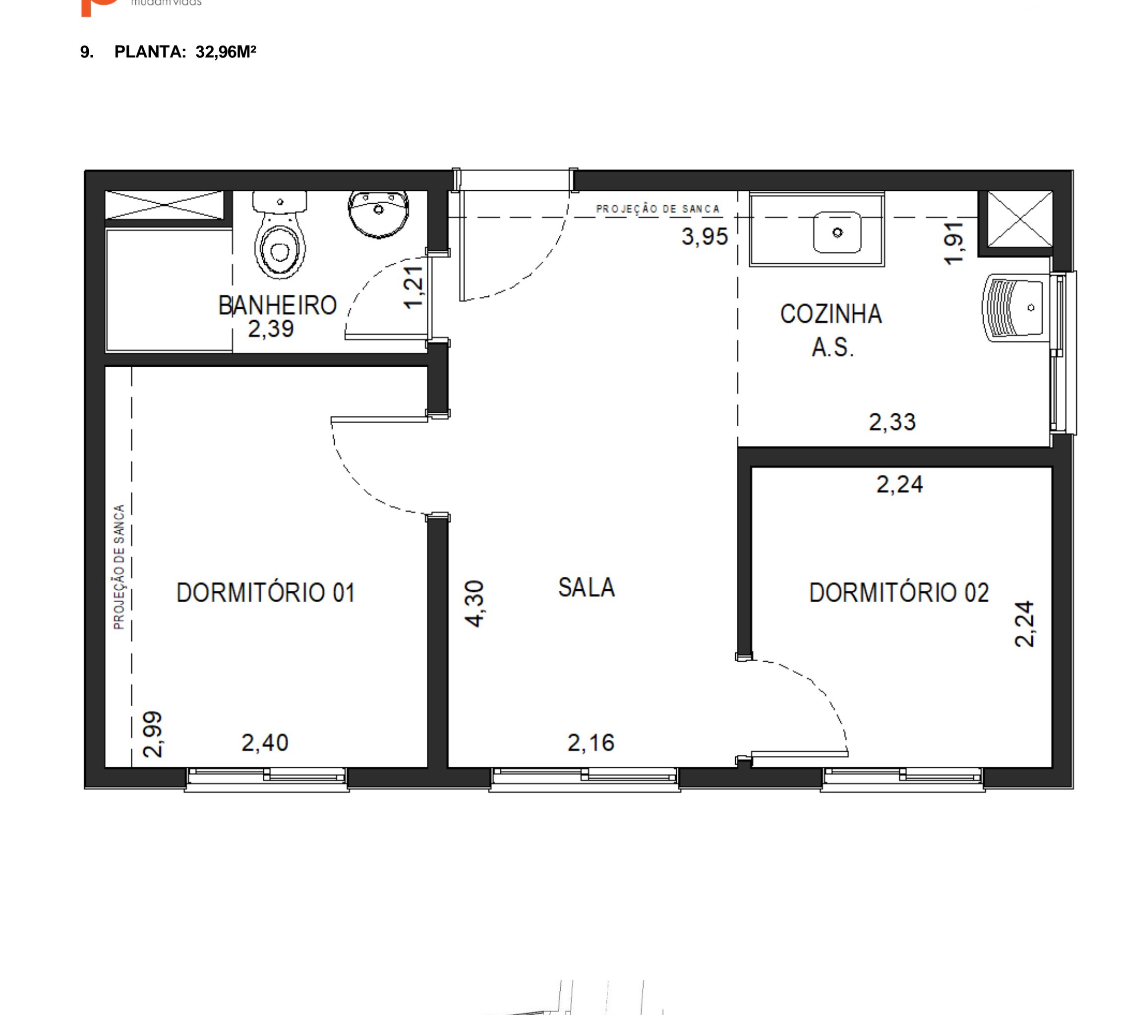Planta de 32,96 m² do Via Cocá