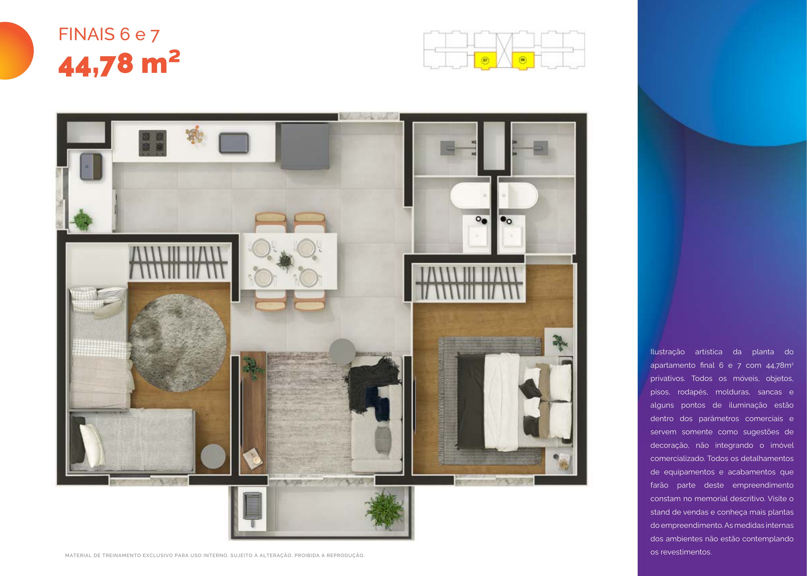 Planta de 44,78 m² do Lumini Clube Residencial
