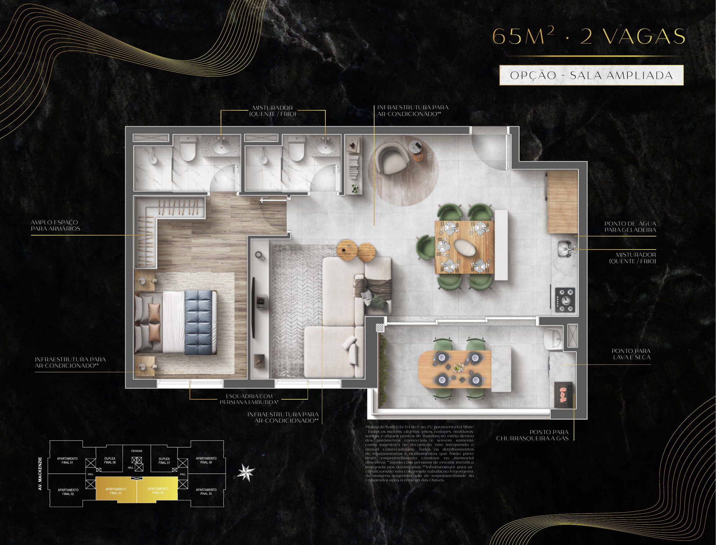 Planta de 64,96 m² — sala ampliada do Symmetry Residence
